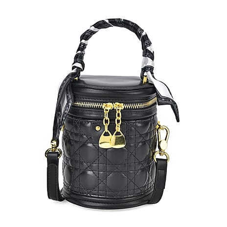 Designer Inspired Crossbody Scarf Bucket Bag with Detachable Shoulder Strap - Black