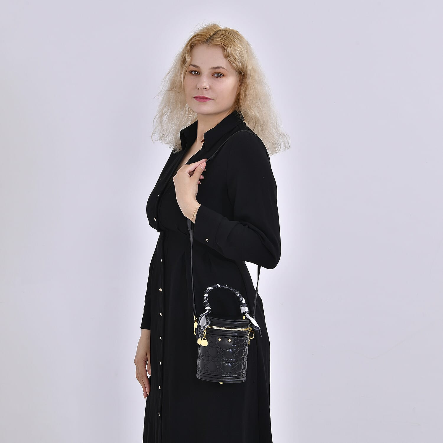 Designer Inspired Crossbody Scarf Bucket Bag with Detachable Shoulder Strap - Black