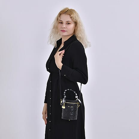 Designer Inspired Crossbody Scarf Bucket Bag with Detachable Shoulder Strap - Black