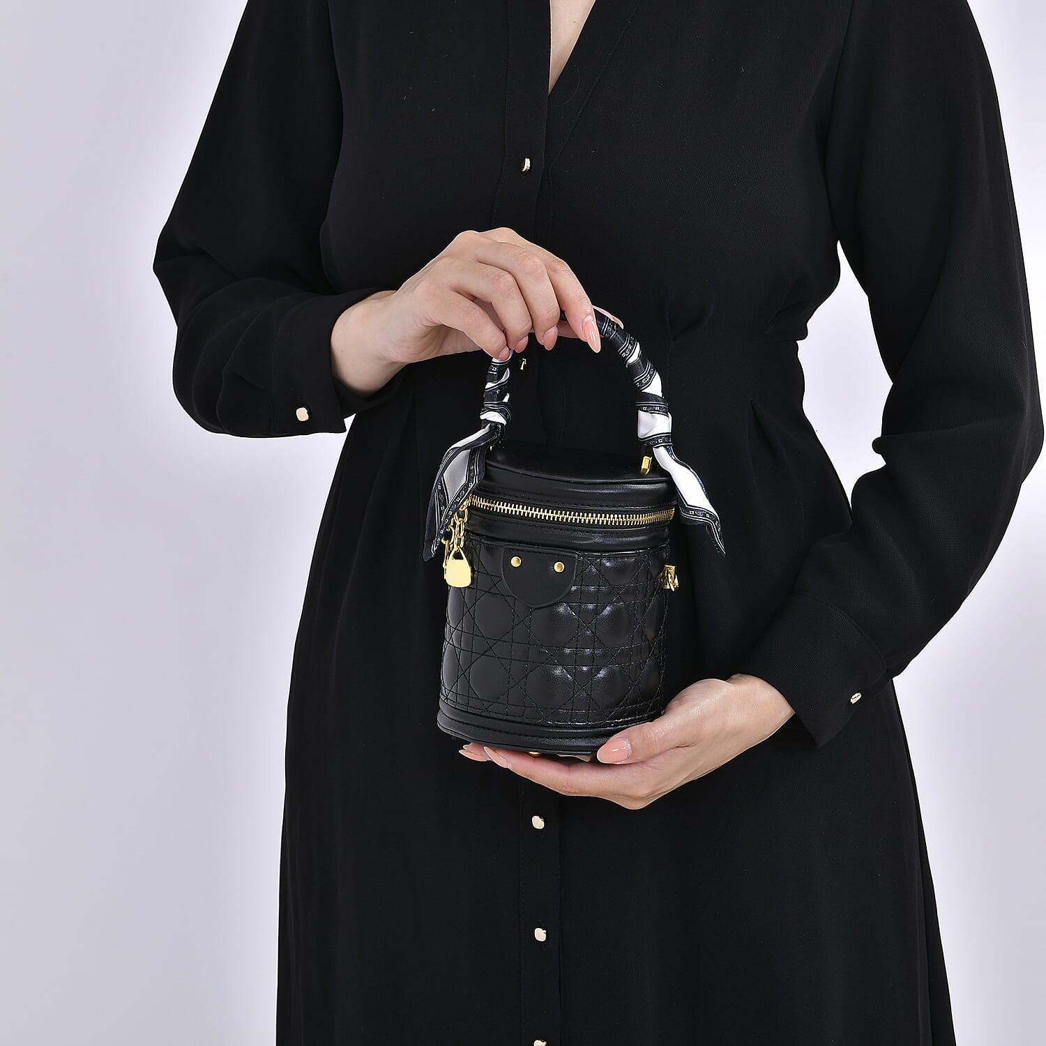 Designer Inspired Crossbody Scarf Bucket Bag with Detachable Shoulder Strap - Black