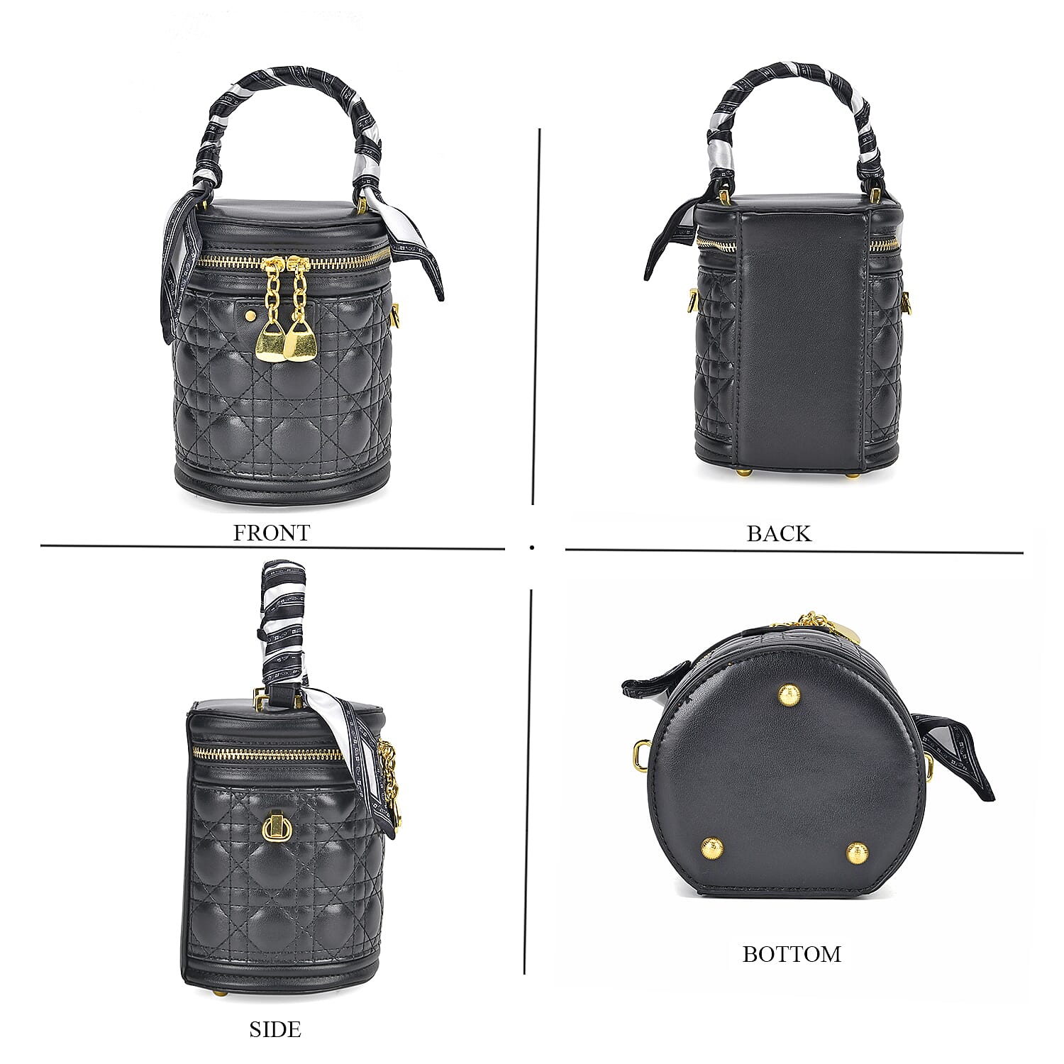 Designer Inspired Crossbody Scarf Bucket Bag with Detachable Shoulder Strap - Black