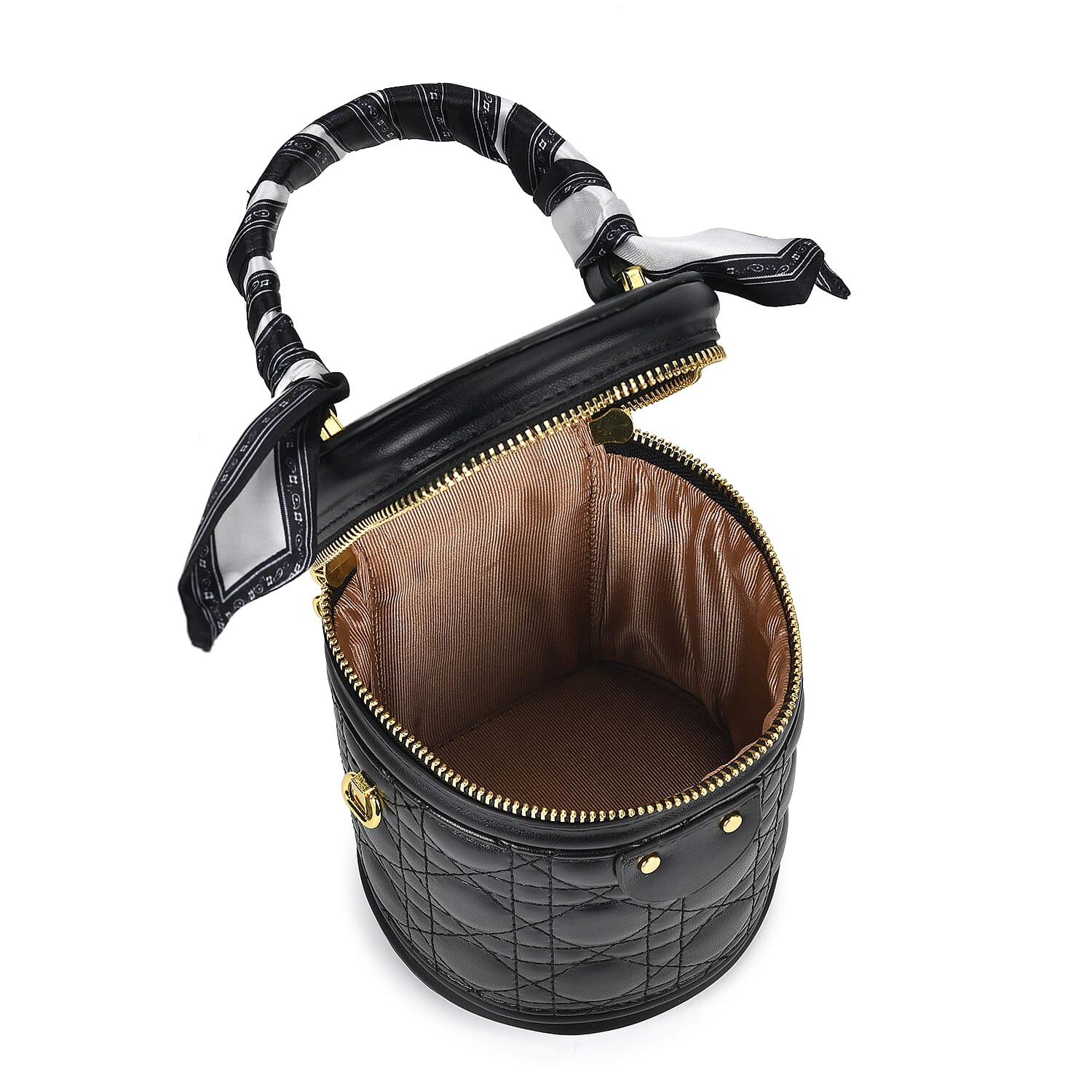 Designer Inspired Crossbody Scarf Bucket Bag with Detachable Shoulder Strap - Black