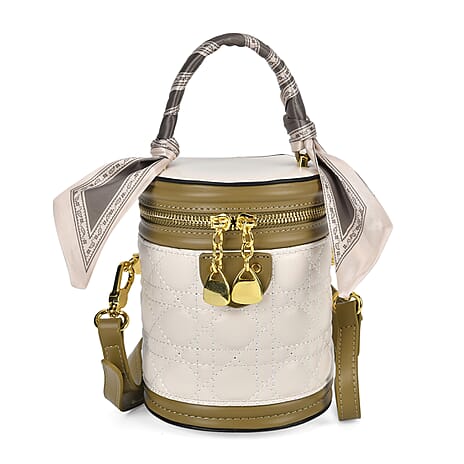 Designer Inspired Crossbody Scarf Bucket Bag with Detachable Shoulder Strap - White