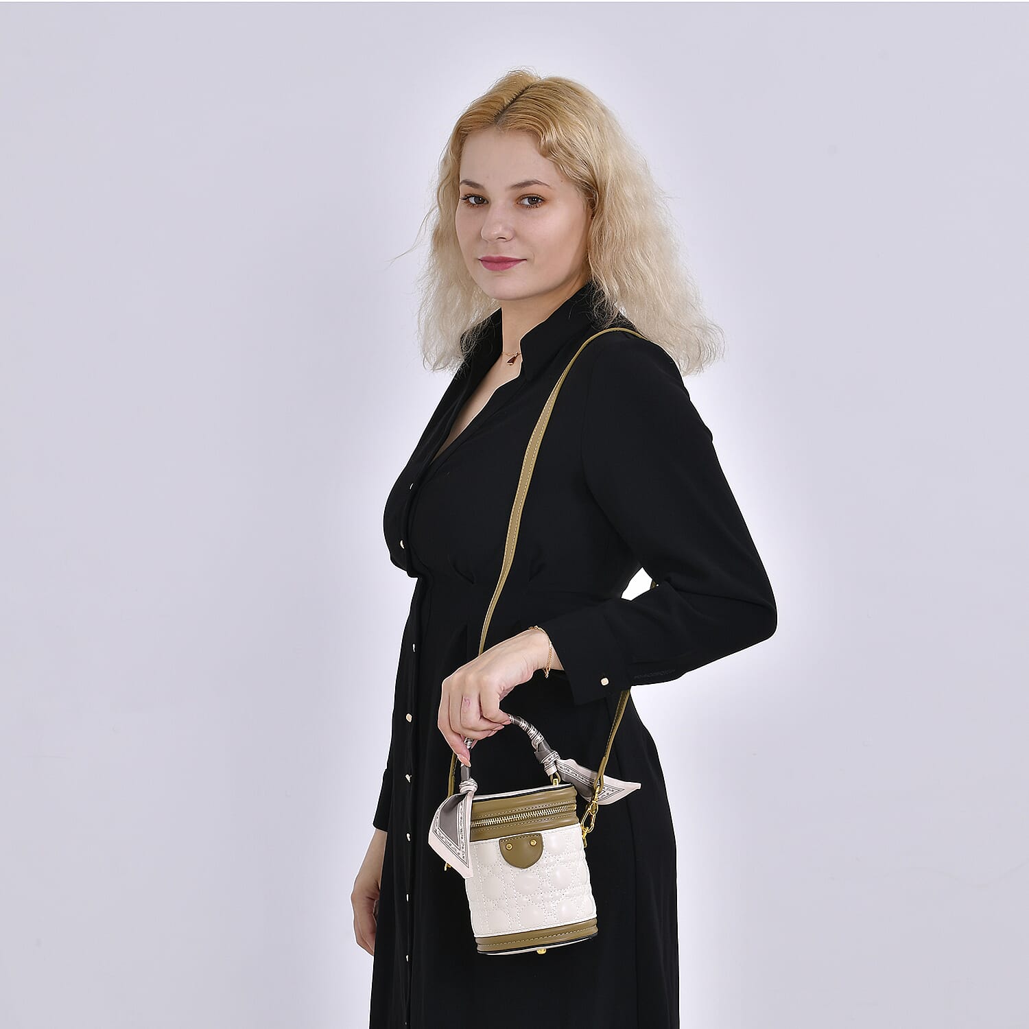 Designer Inspired Crossbody Scarf Bucket Bag with Detachable Shoulder Strap - White