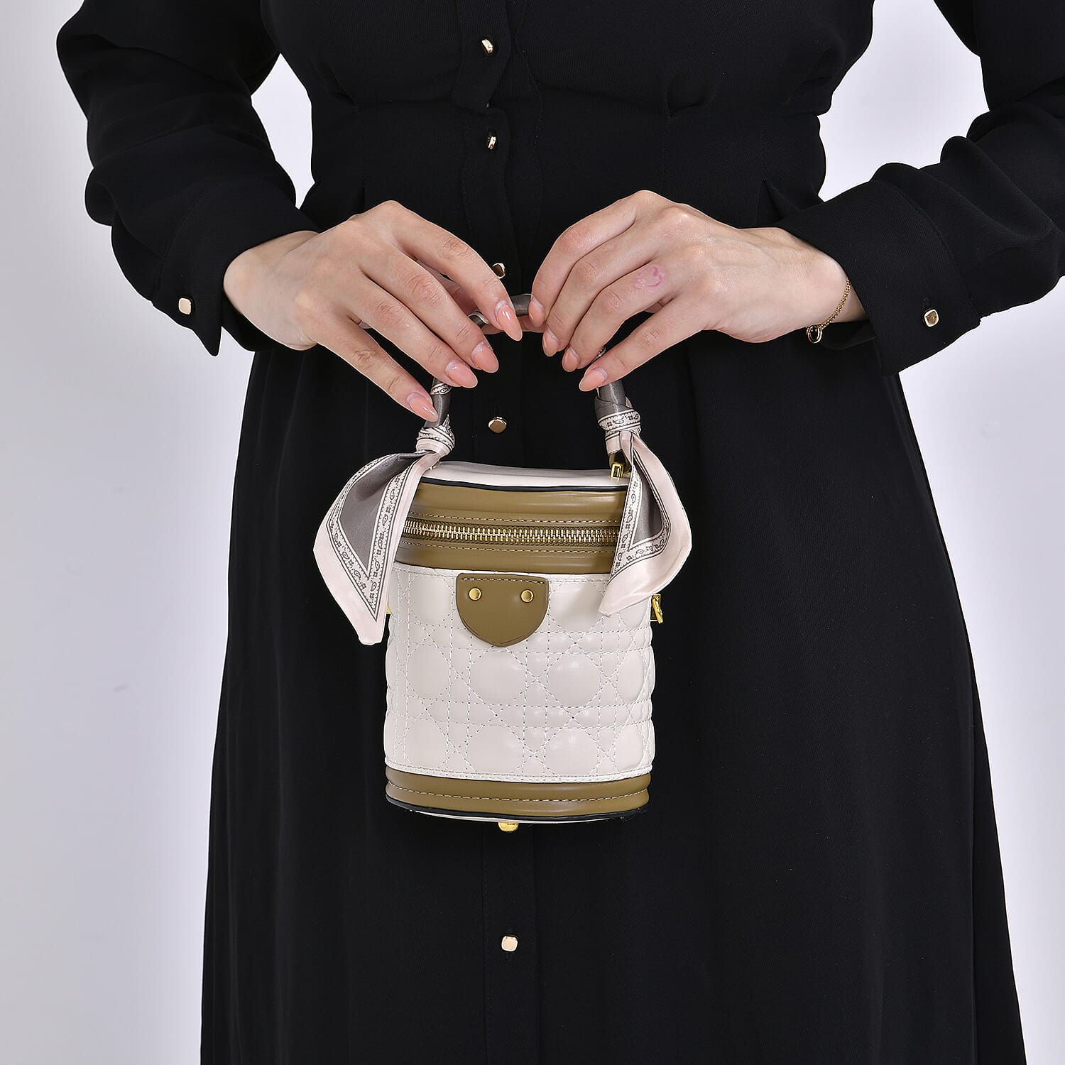 Designer Inspired Crossbody Scarf Bucket Bag with Detachable Shoulder Strap - White