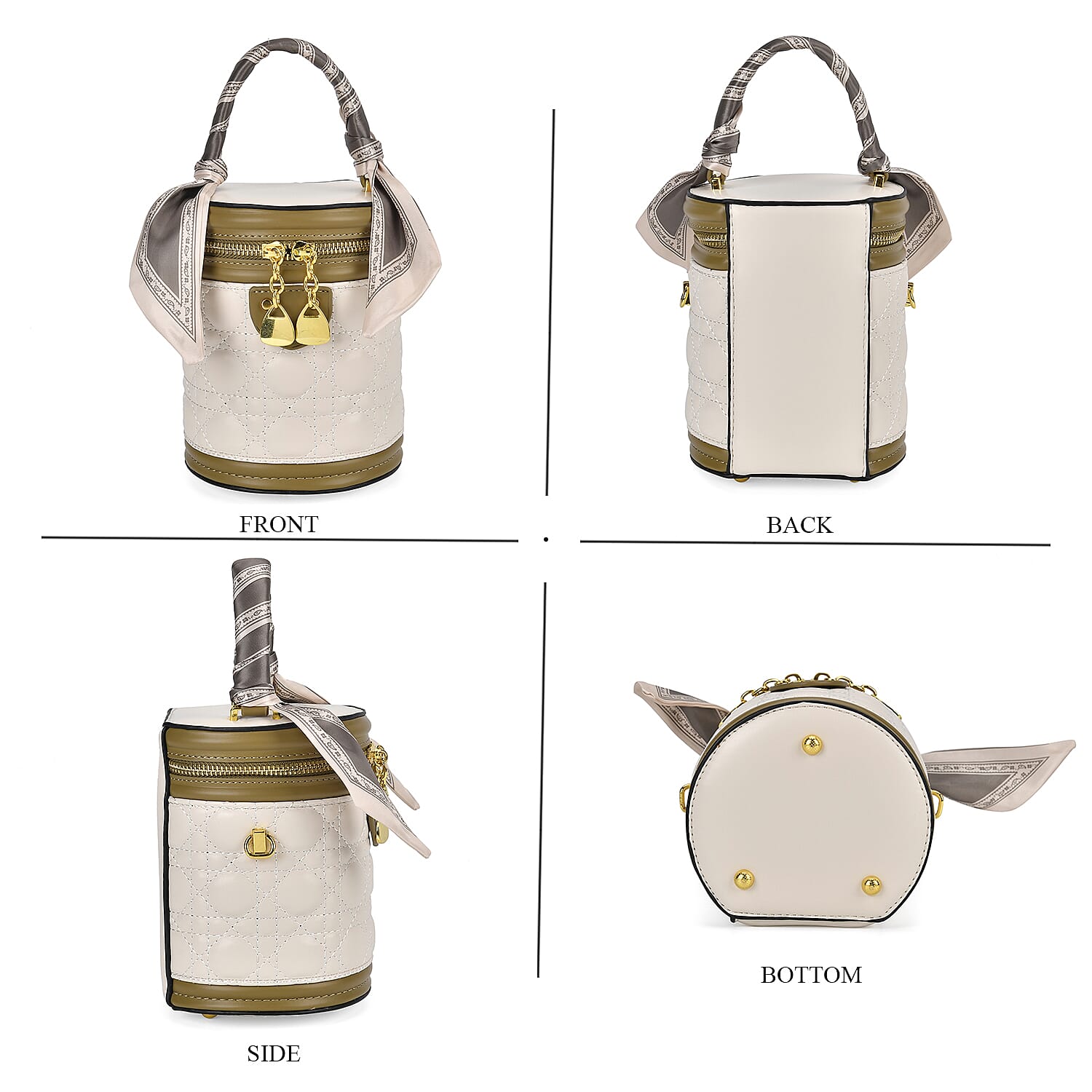 Designer Inspired Crossbody Scarf Bucket Bag with Detachable Shoulder Strap - White