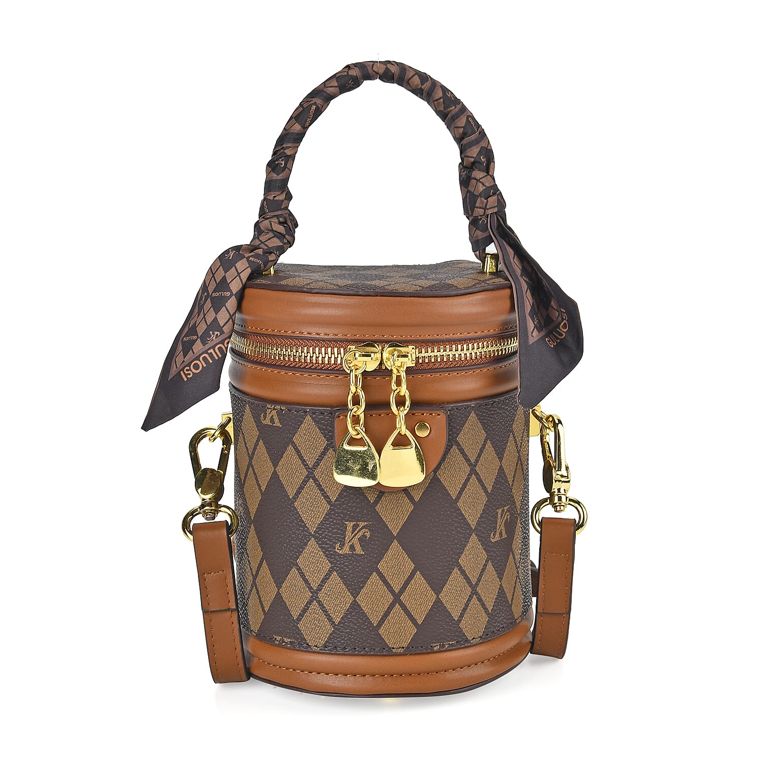 Designer Inspired Crossbody Scarf Bucket Bag with Detachable Shoulder Strap- Brown