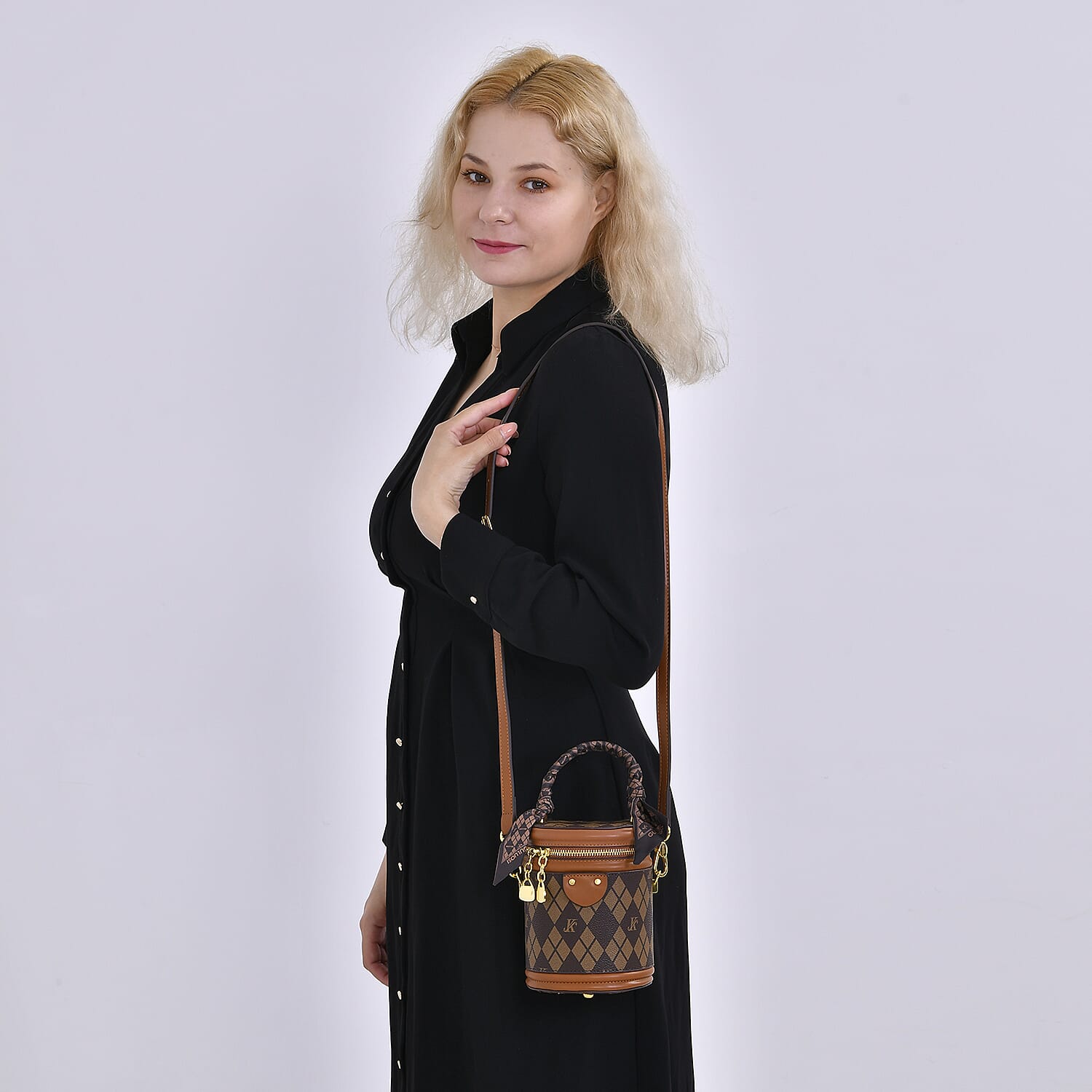 Leatherette Bucket Crossbody Bag with Scarf - Brown