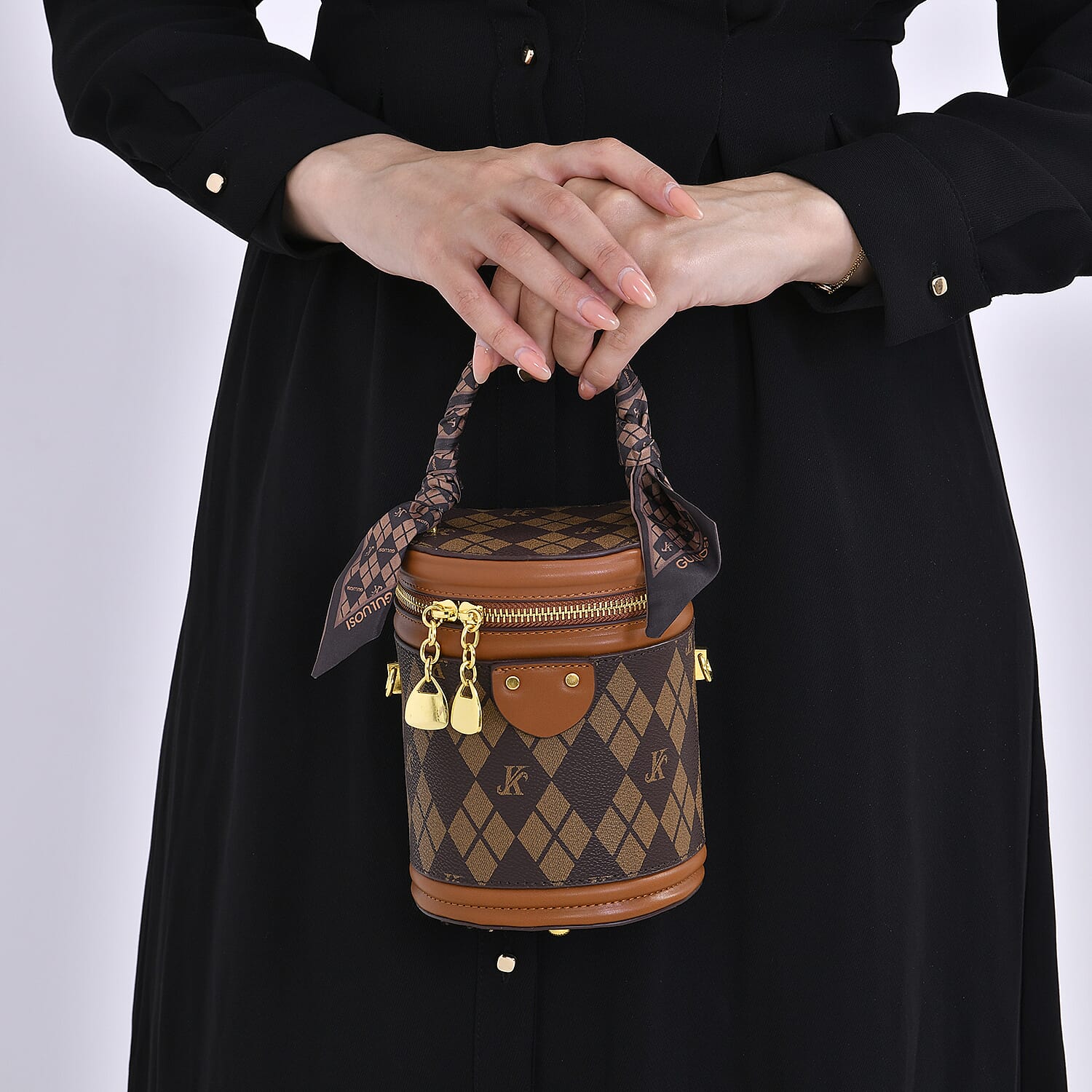 Leatherette Bucket Crossbody Bag with Scarf - Brown