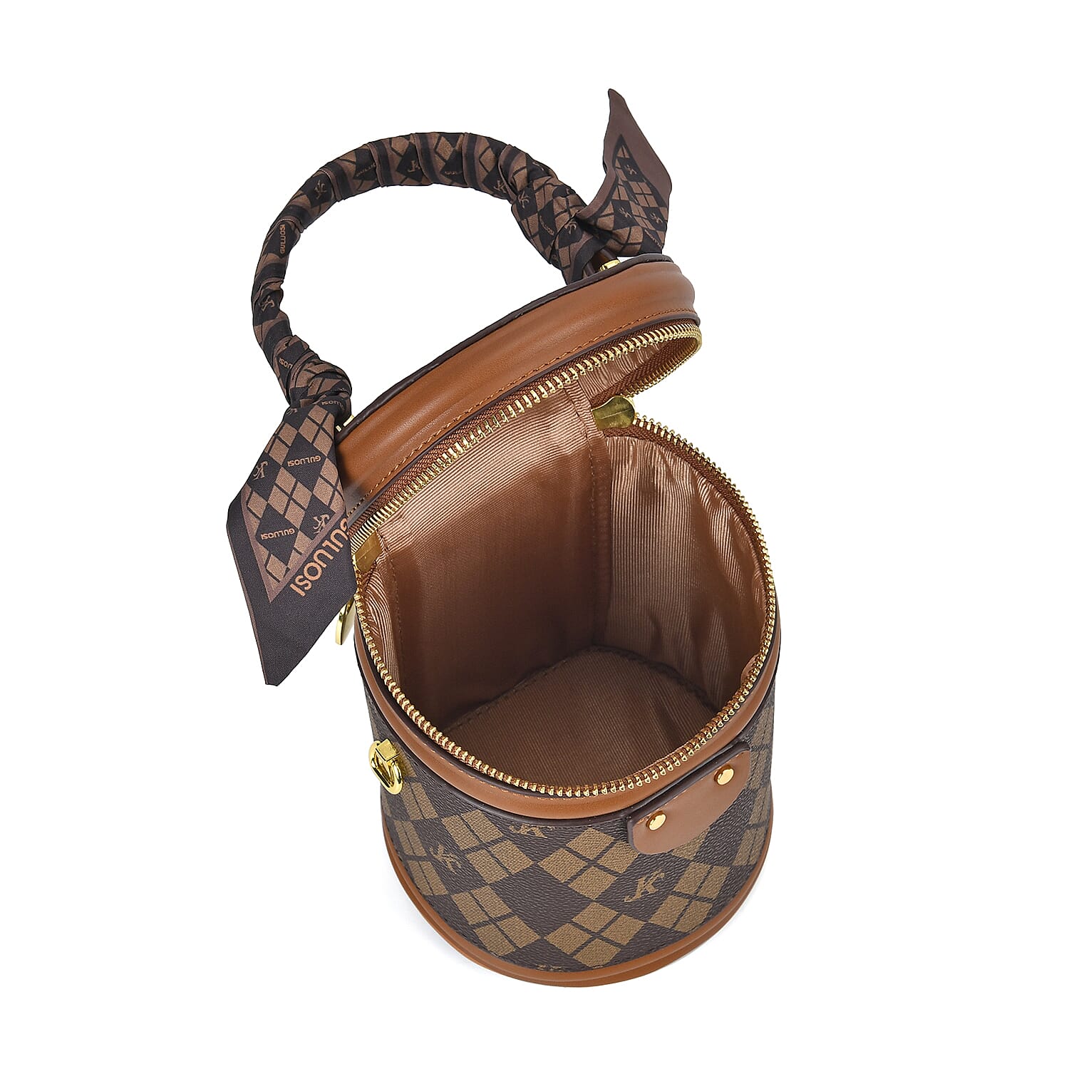 Designer Inspired Crossbody Scarf Bucket Bag with Detachable Shoulder Strap- Brown