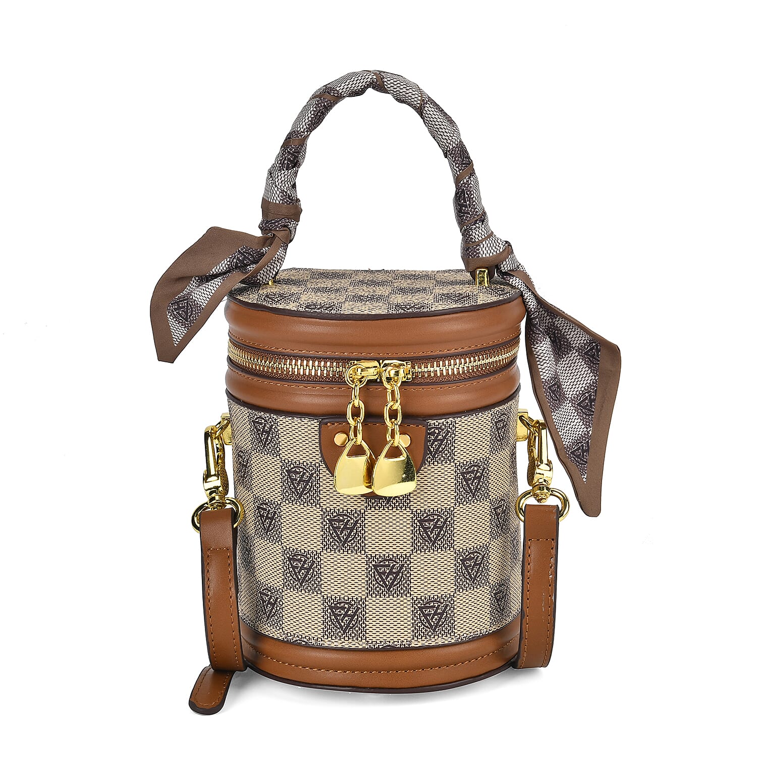 Designer Inspired Crossbody Scarf Bucket Bag with Detachable Shoulder Strap - Beige