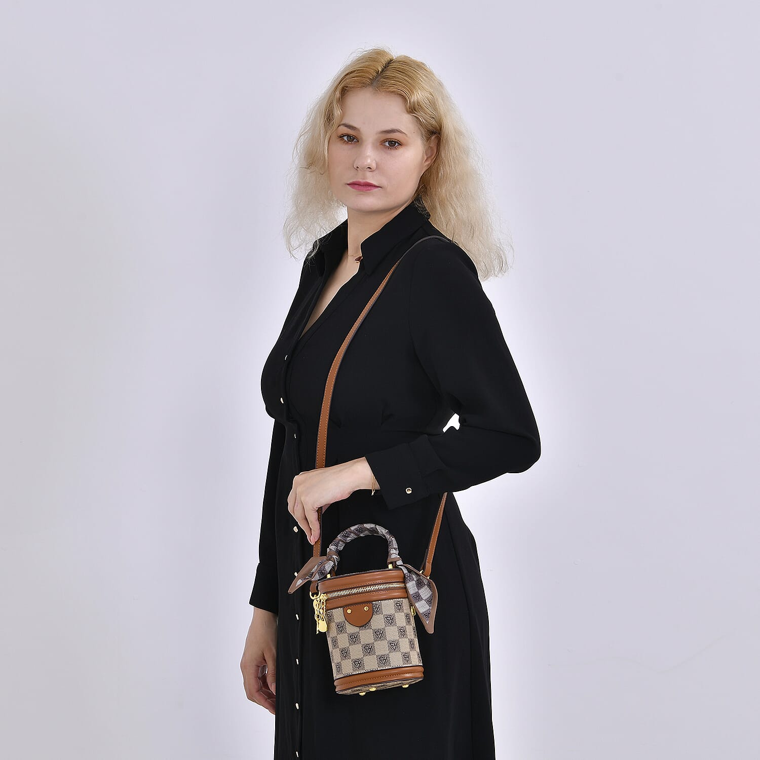 Designer Inspired Crossbody Scarf Bucket Bag with Detachable Shoulder Strap - Beige