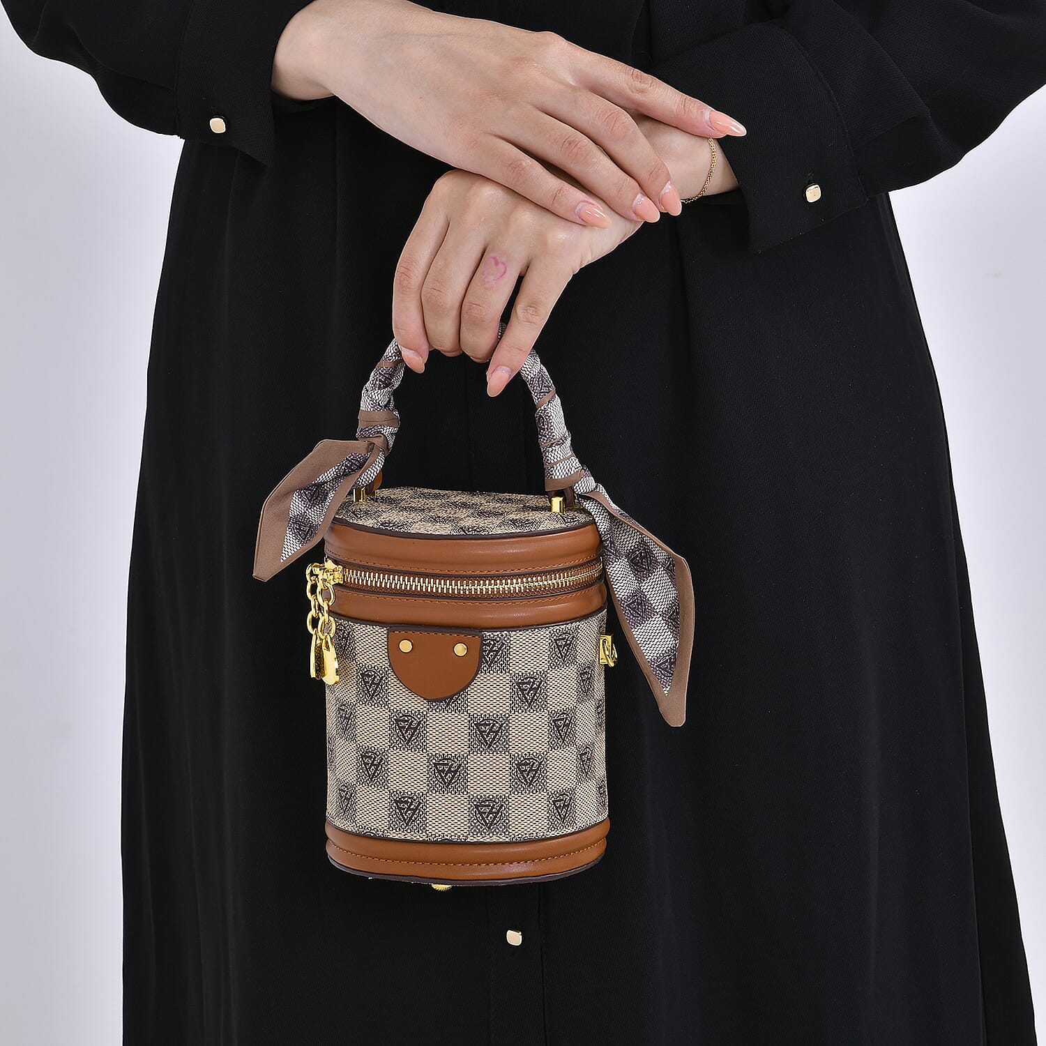 Designer Inspired Crossbody Scarf Bucket Bag with Detachable Shoulder Strap - Beige