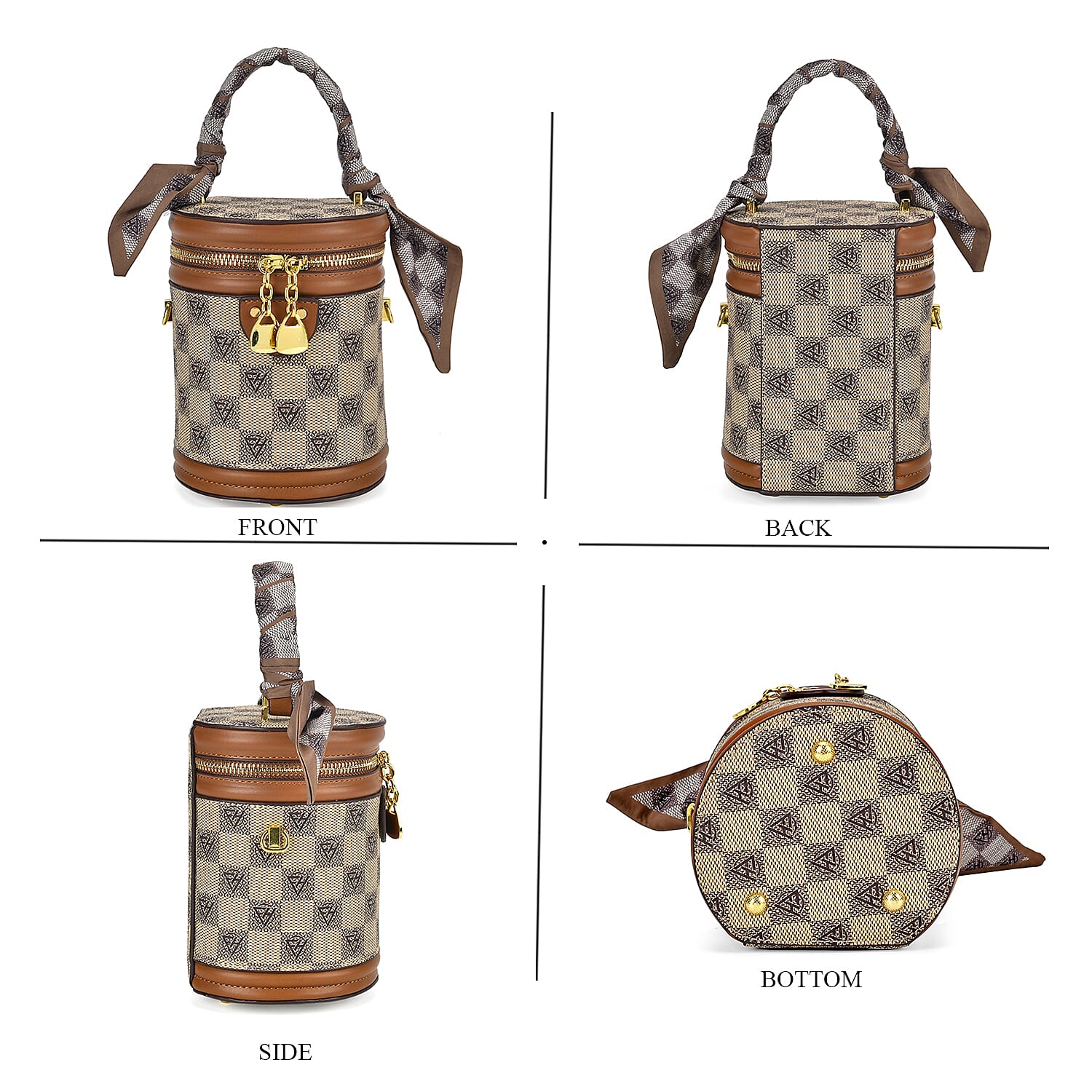 Designer Inspired Crossbody Scarf Bucket Bag with Detachable Shoulder Strap - Beige