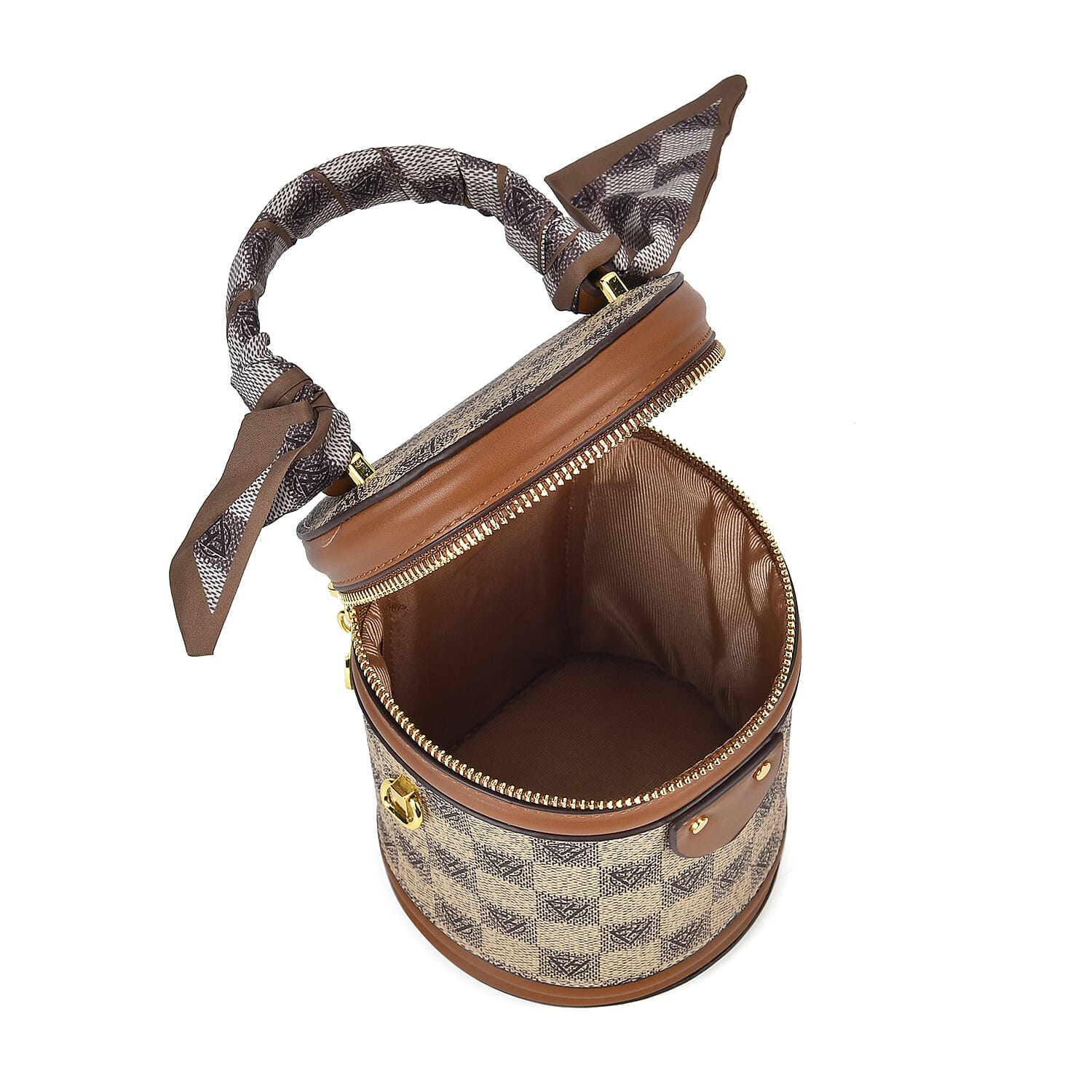 Designer Inspired Crossbody Scarf Bucket Bag with Detachable Shoulder Strap - Beige