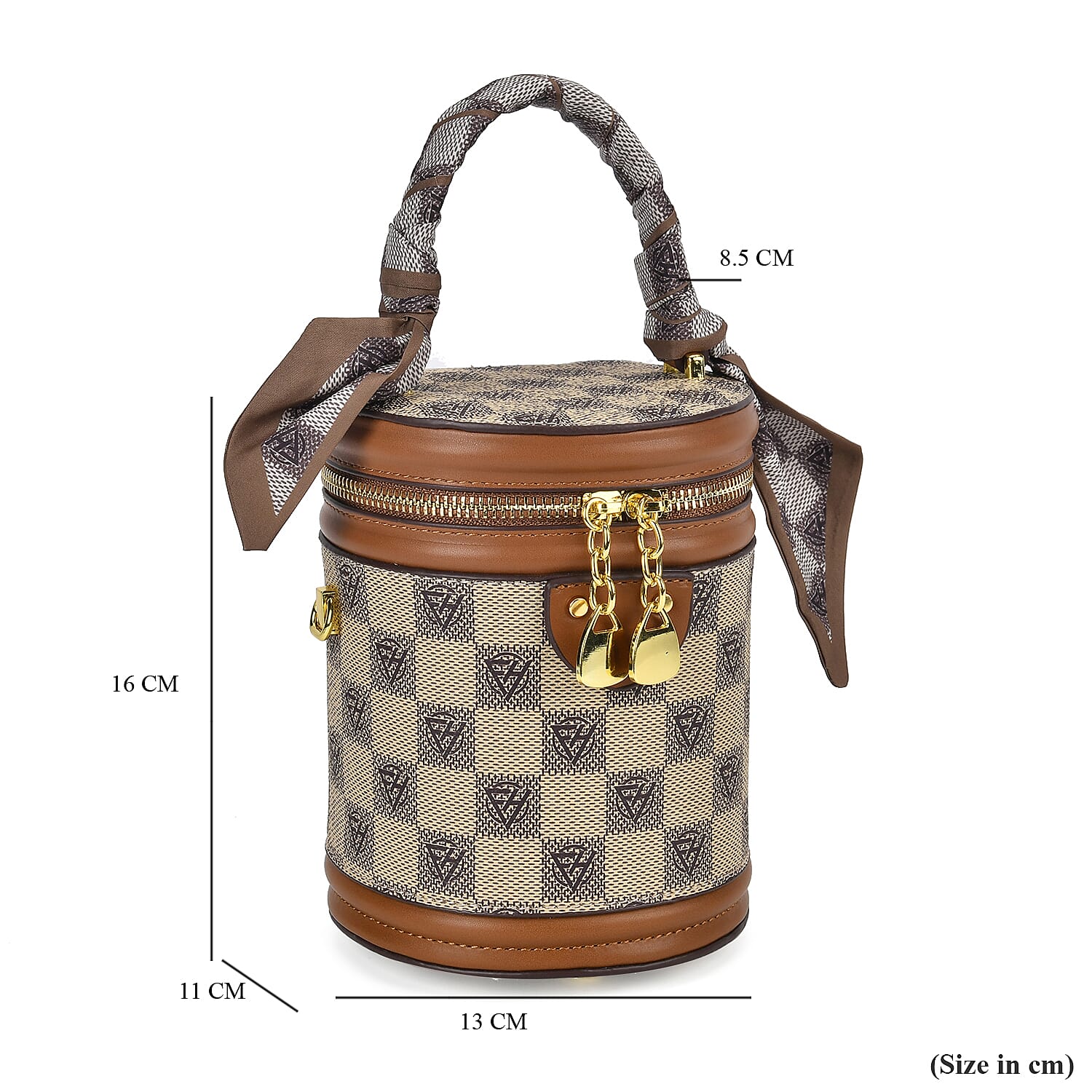 Designer Inspired Crossbody Scarf Bucket Bag with Detachable Shoulder Strap - Beige