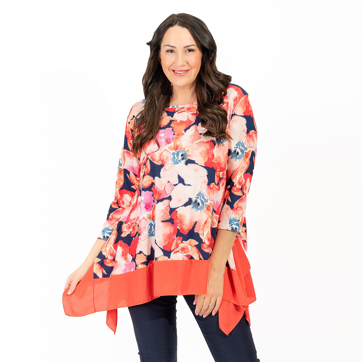 Brand New Launch - NICOLE Chiffon Hem Print Tunic (Size L) - Orange