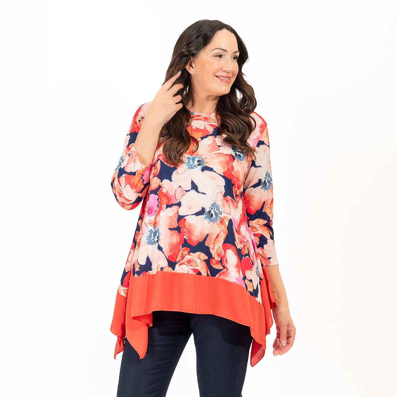 Brand New Launch - NICOLE Chiffon Hem Print Tunic (Size L) - Orange