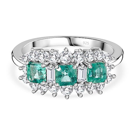 Gemfields Emerald and Natural Zircon Ring in Platinum Overlay Sterling Silver 2.00 Ct.