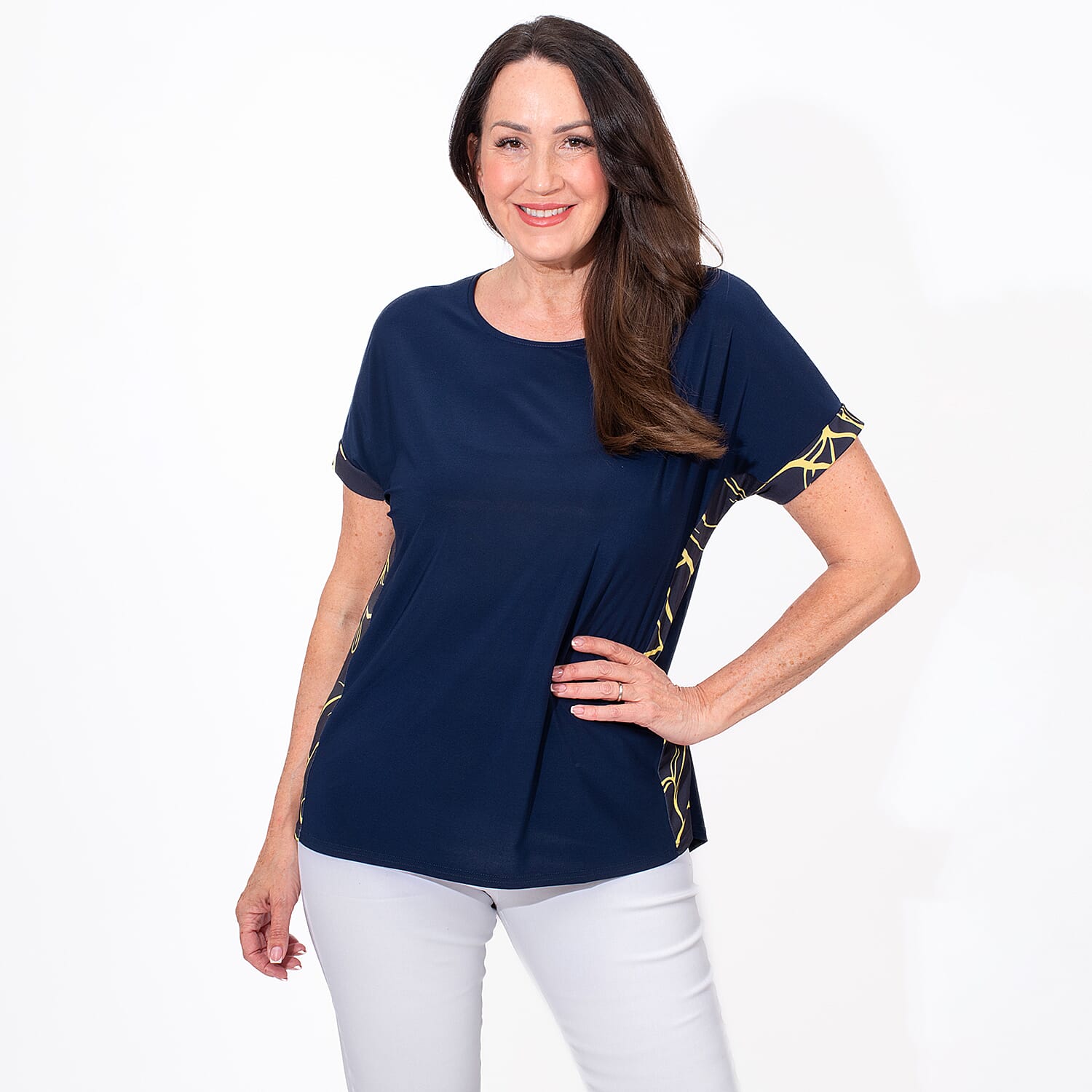 Styled By Side Floral Printed Top (Size L) - Navy