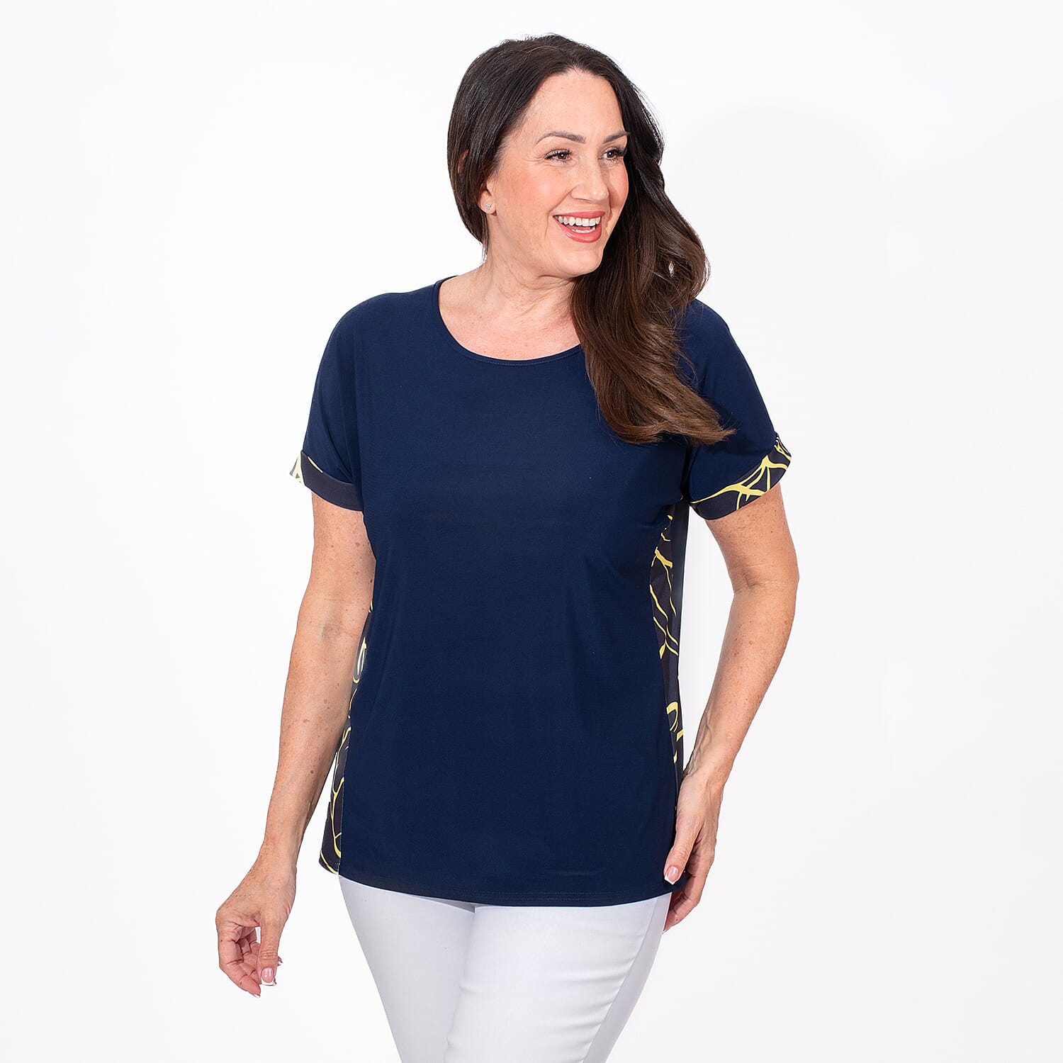 Styled By Side Floral Printed Top (Size L) - Navy