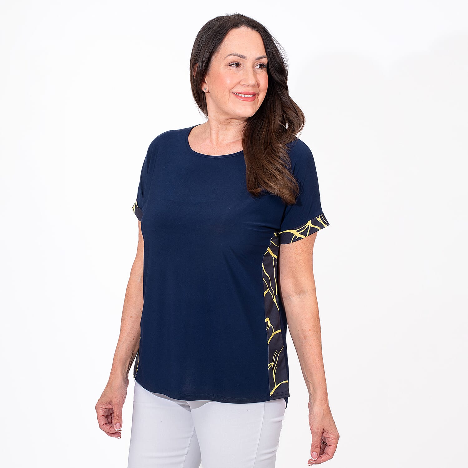 Styled By Side Floral Printed Top (Size L) - Navy