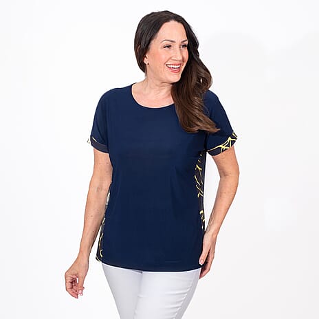 Styled By Side Floral Printed Top (Size M) - Navy