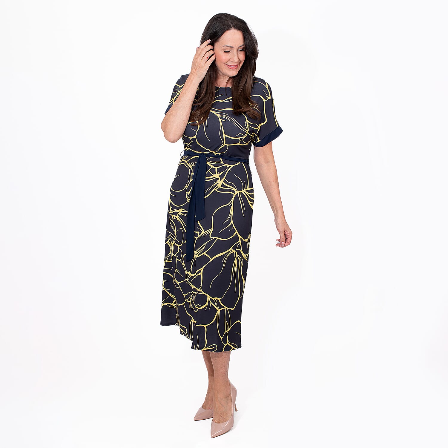 Styled By Midi Print Dress (Size L) - Navy