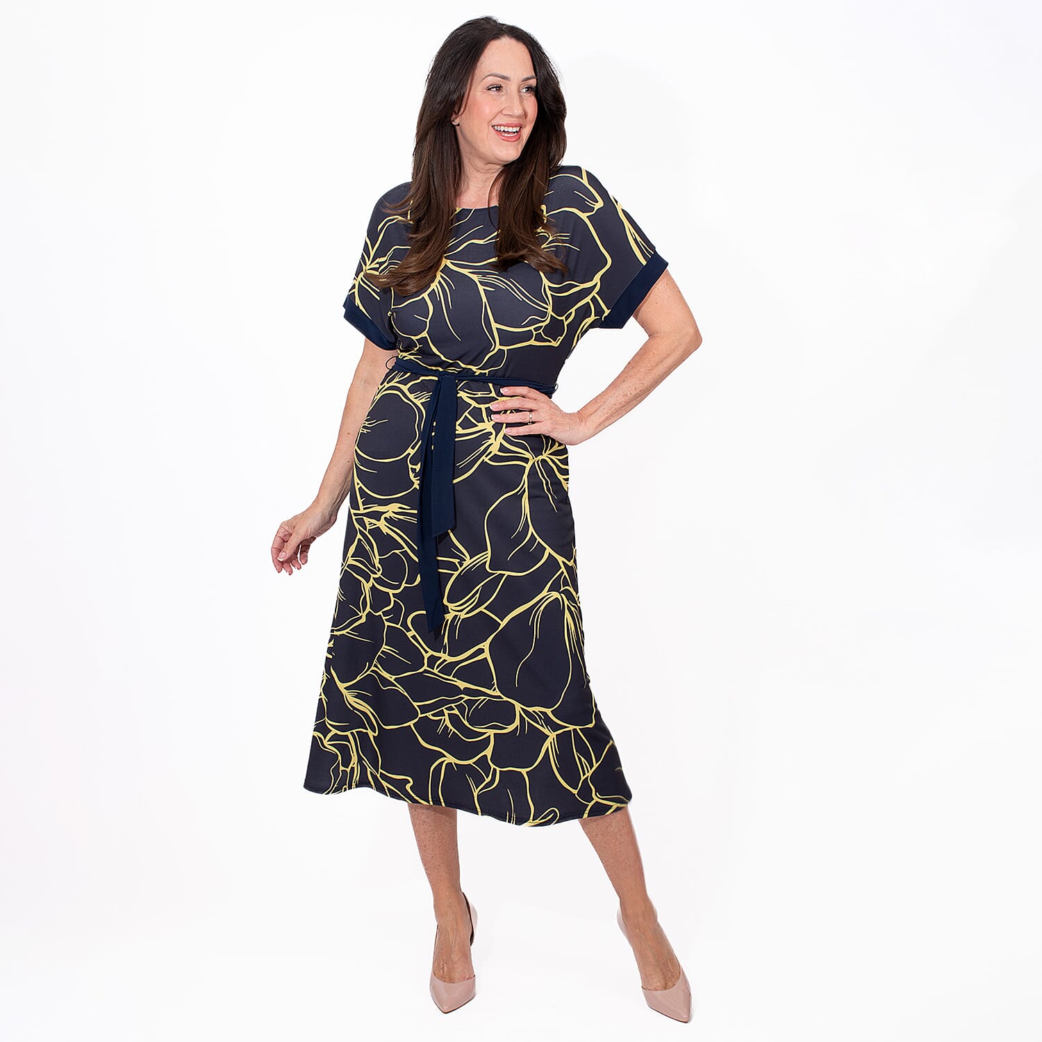 Styled By Midi Print Dress (Size L) - Navy