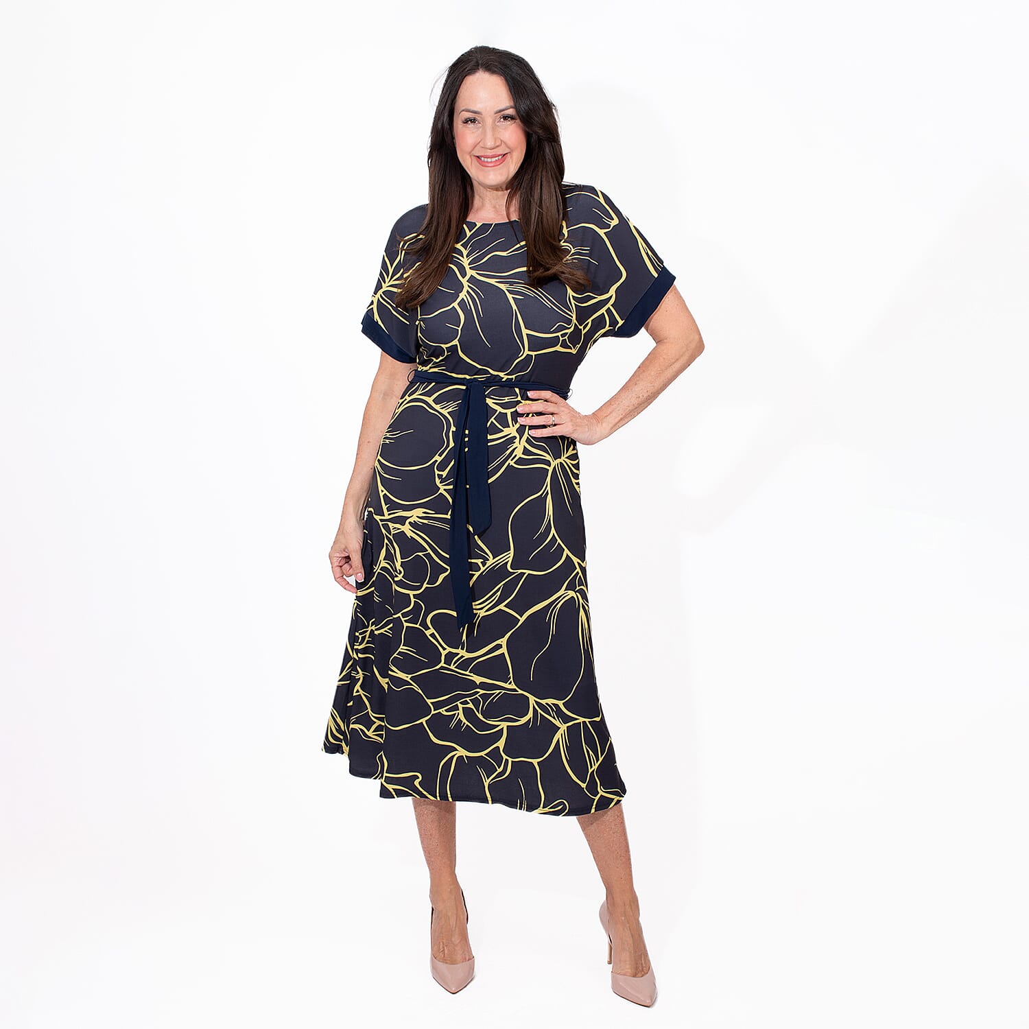 Styled By Midi Print Dress (Size M) - Navy