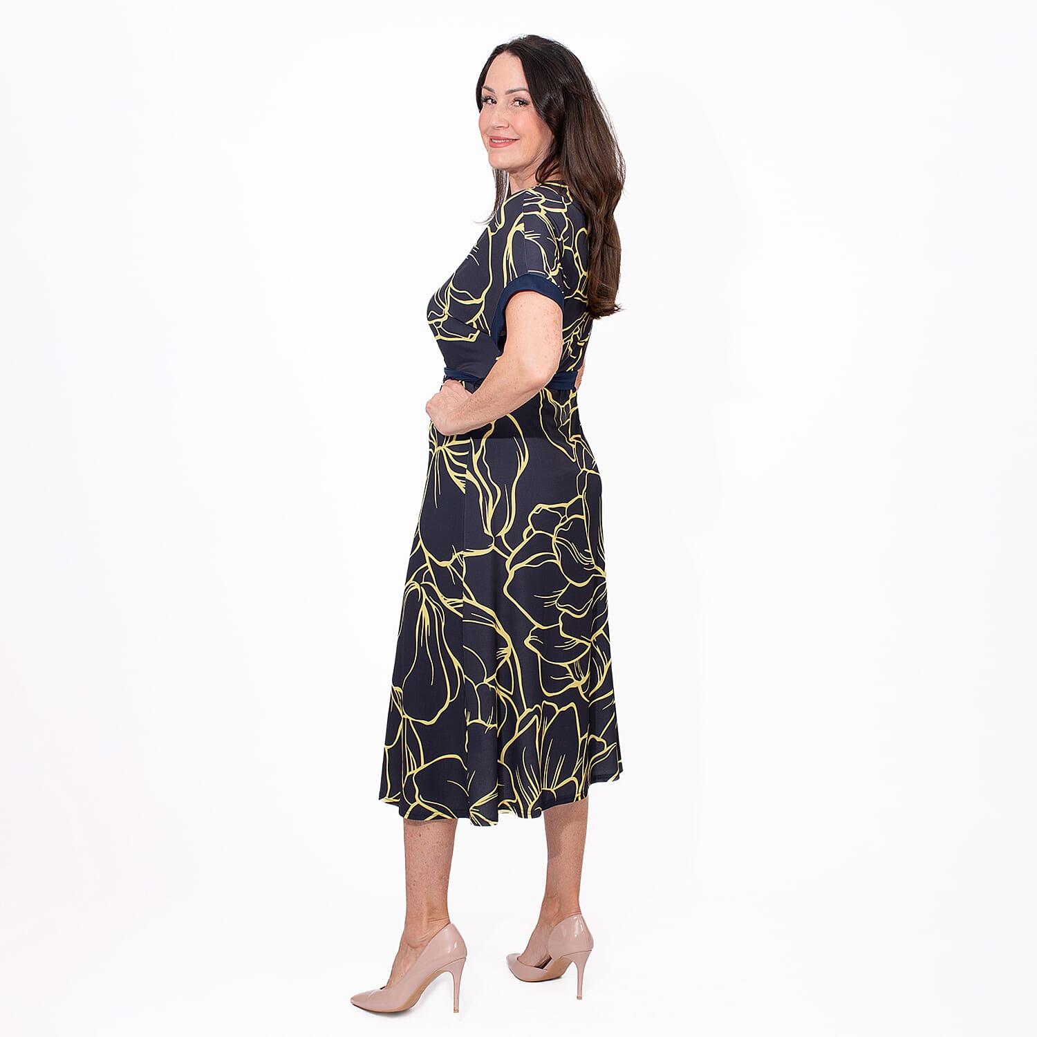 Styled By Midi Print Dress (Size M) - Navy