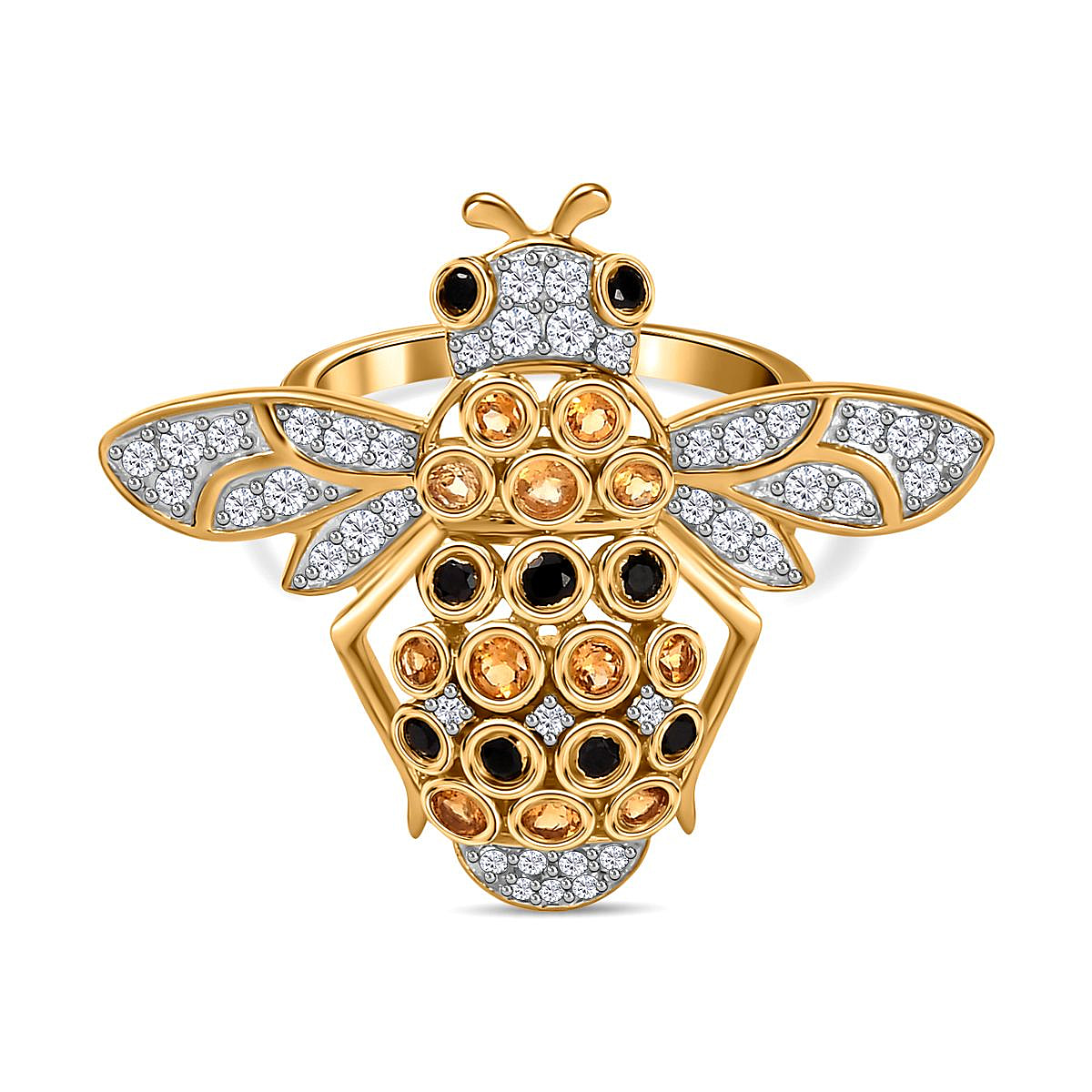 GP Honeycomb Collection - Citrine, Black Spinel & Zircon Ring in 18K Gold Vermeil Sterling Silver 1.28 Ct.