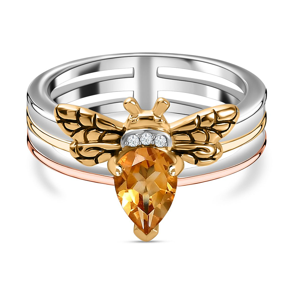 GP Honeycomb Collection  - Citrine and Moissanite Honeybee Ring in Platinum and 18K Vermeil Yellow Gold and Rose Gold Plated Sterling Silver