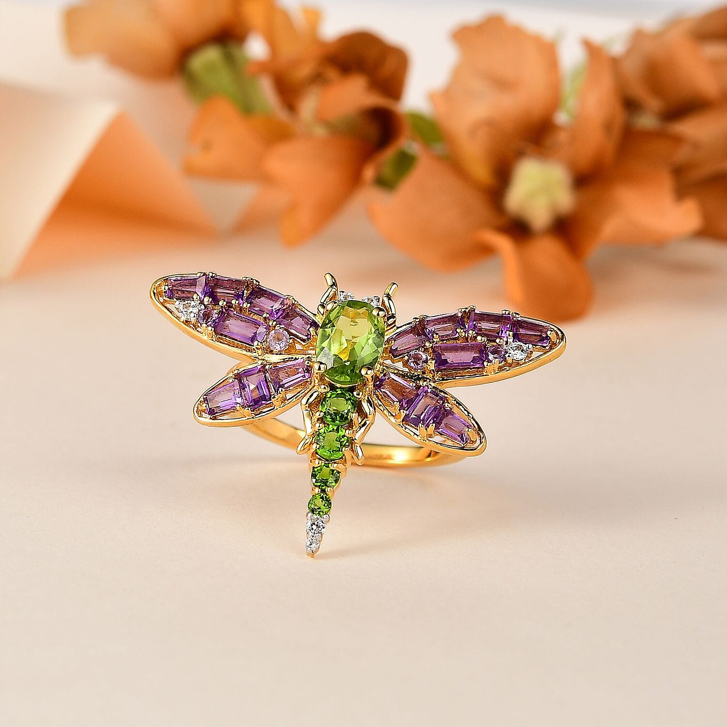 GP Italian Garden Collection - Hebei Peridot & Multi Gemstone Ring in 18K Vermeil YG Plated Sterling Silver 2.64 Ct