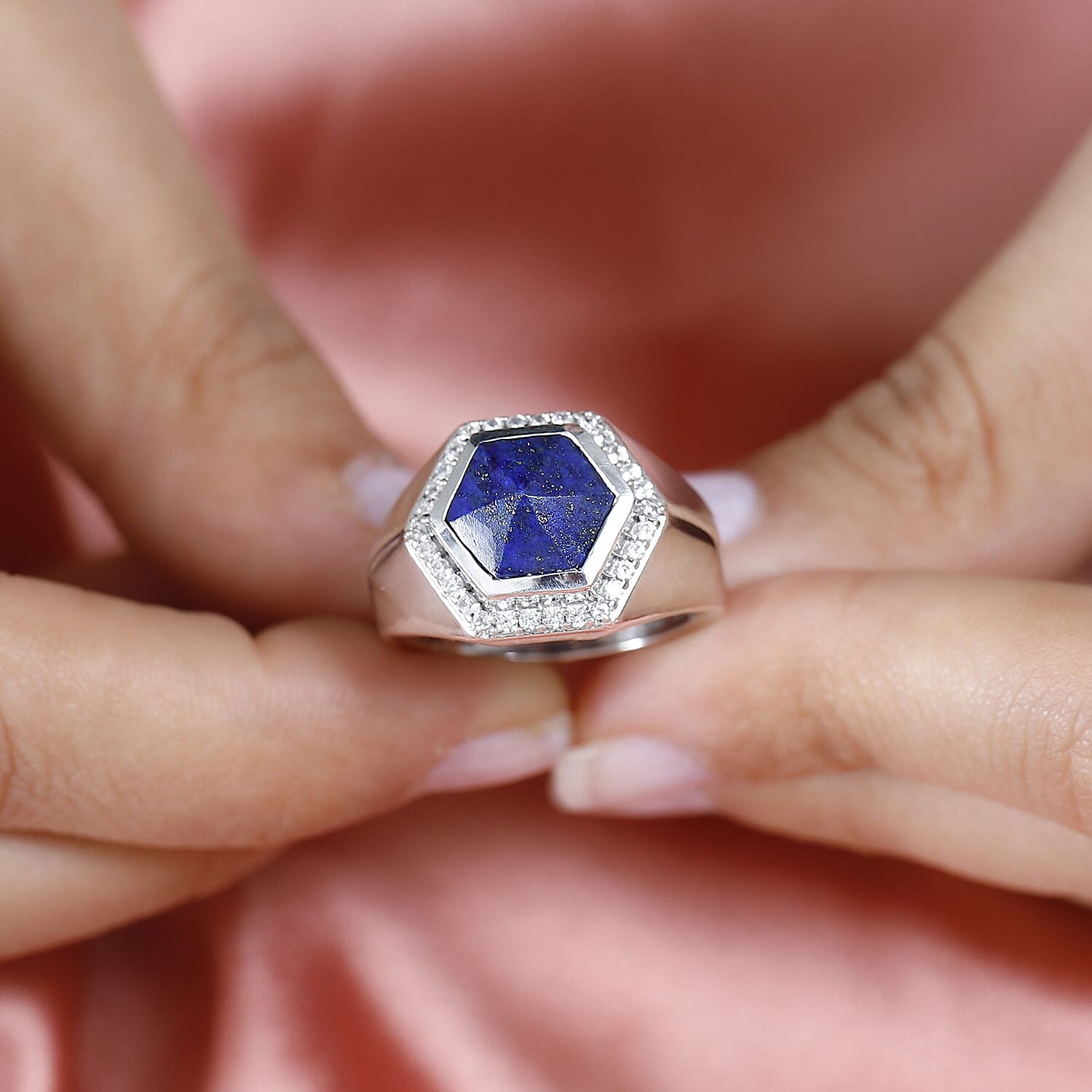Lapis Lazuli & Natural Zircon Ring in Platinum Overlay Sterling Silver 8.22 Ct, Silver Wt. 8.22 Gms