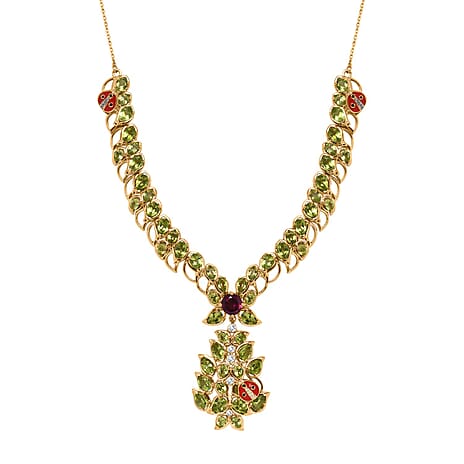 GP Italian Garden Collection - Natural Hebei Peridot, Rhodolite Garnet & Natural Zircon Necklace (Size - 20) in 18K Vermeil YG and Platinum Plated Sterling Silver 20.41, Siilver Wt. 24 Gms