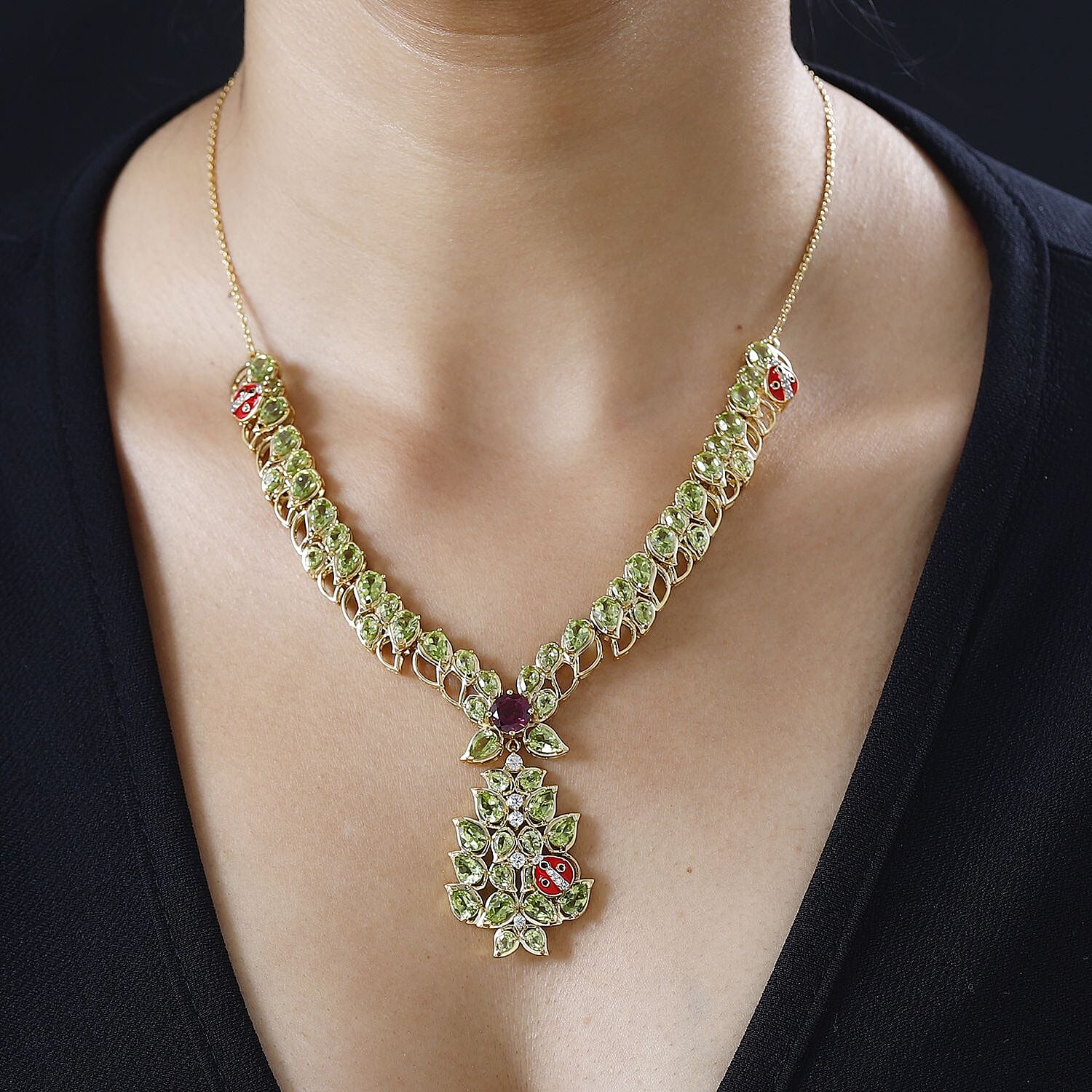 GP Italian Garden Collection - Natural Hebei Peridot, Rhodolite Garnet & Natural Zircon Necklace (Size - 20) in 18K Vermeil YG and Platinum Plated Sterling Silver 20.41, Siilver Wt. 24 Gms