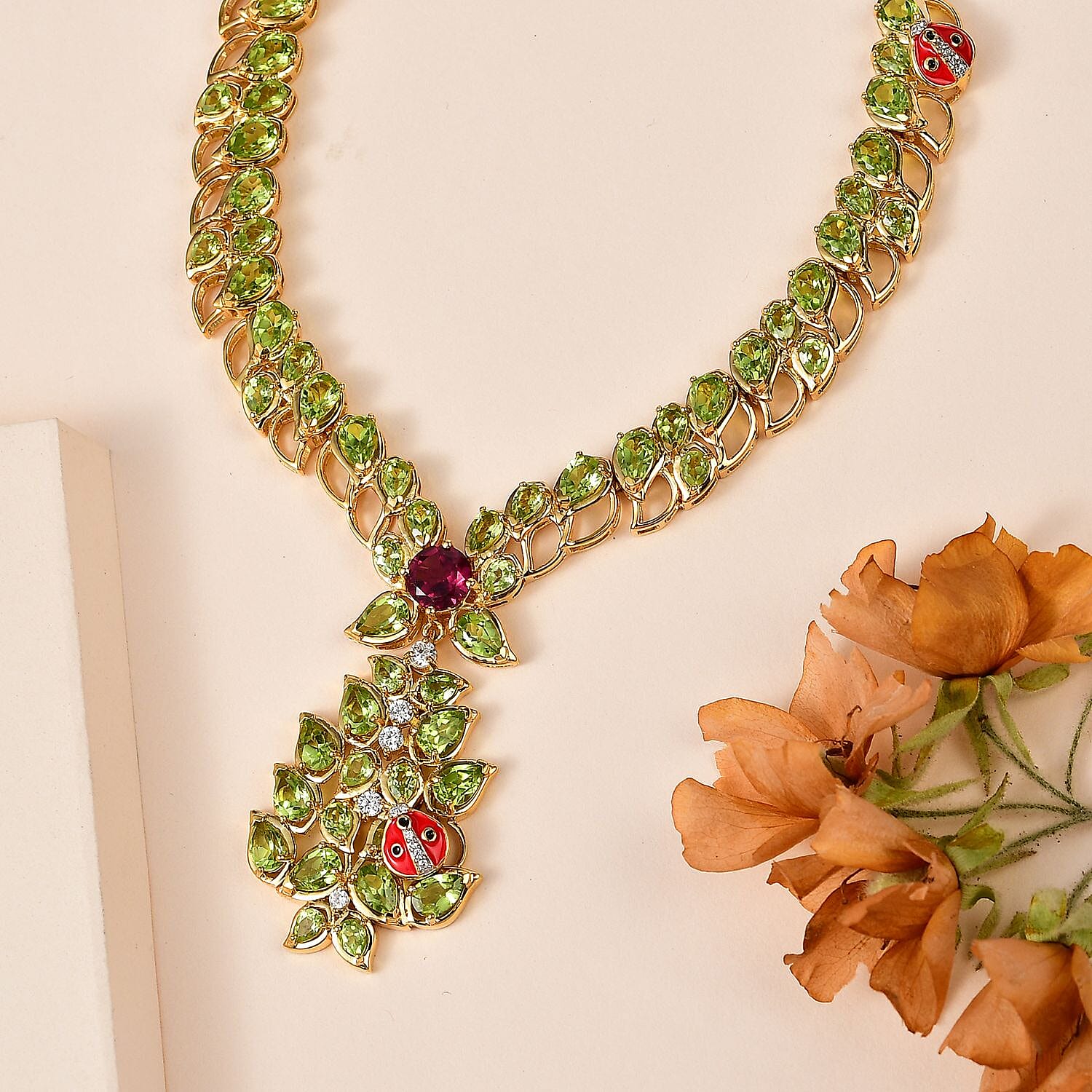 GP Italian Garden Collection - Natural Hebei Peridot, Rhodolite Garnet & Natural Zircon Necklace (Size - 20) in 18K Vermeil YG and Platinum Plated Sterling Silver 20.41, Siilver Wt. 24 Gms