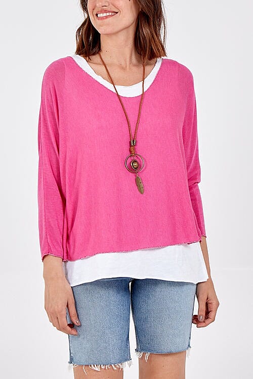 Nova of London Double Layer Cotton Top with Detachable Necklace (One Size) - Pink