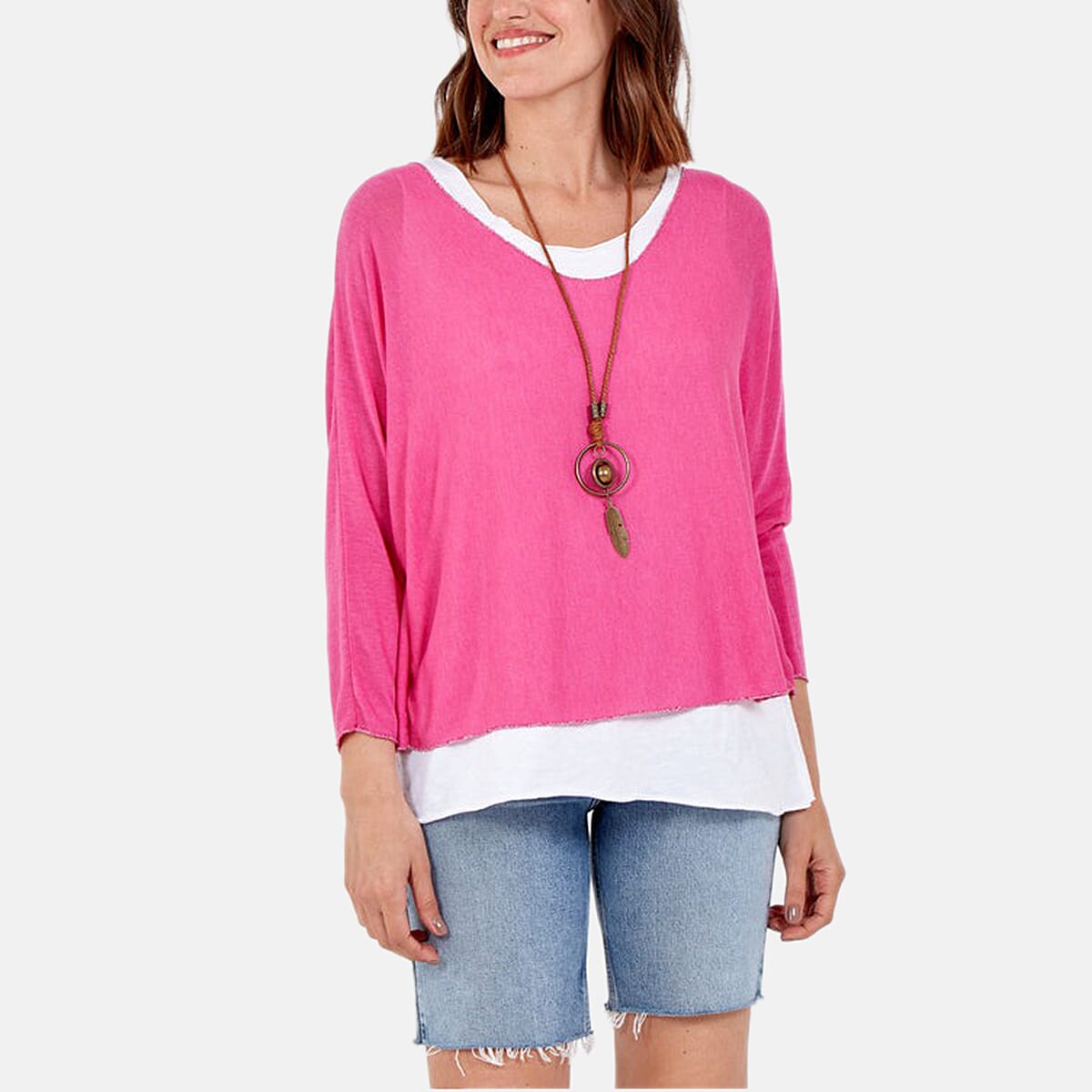 Nova of London Double Layer Cotton Top with Detachable Necklace (One Size) - Pink