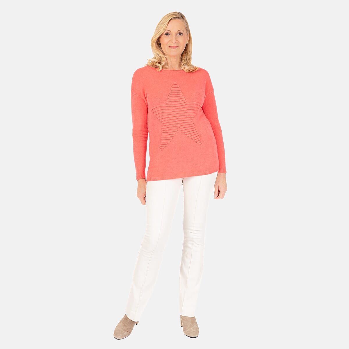 Ribbed Star Knitted Jumper (One Size) - Coral