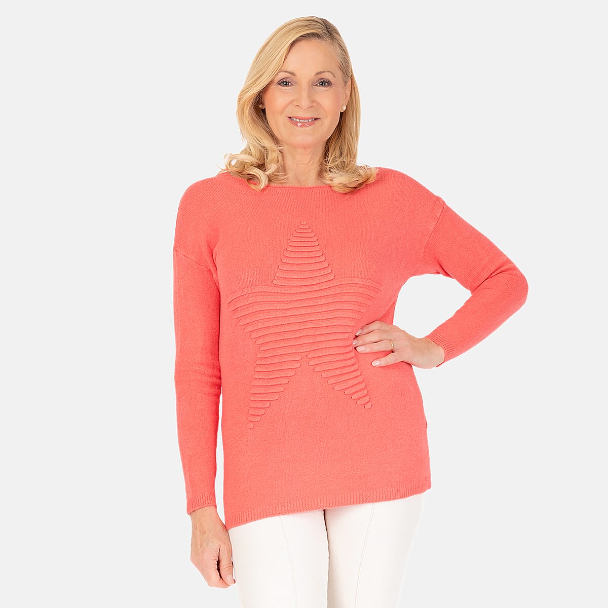 Ribbed Star Knitted Jumper (One Size) - Coral