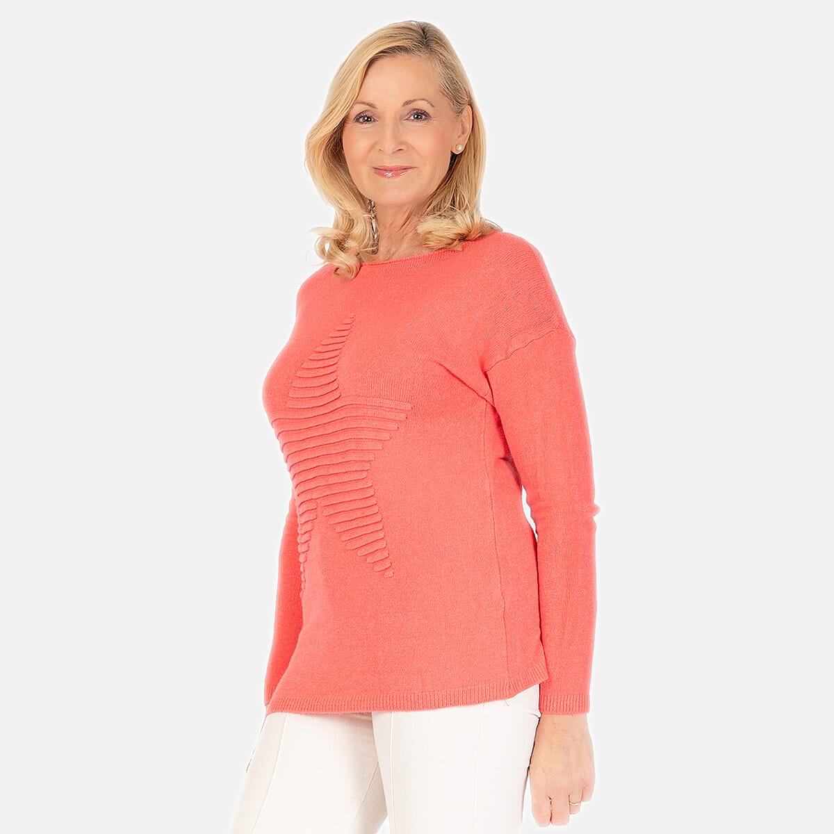 Ribbed Star Knitted Jumper (One Size) - Coral