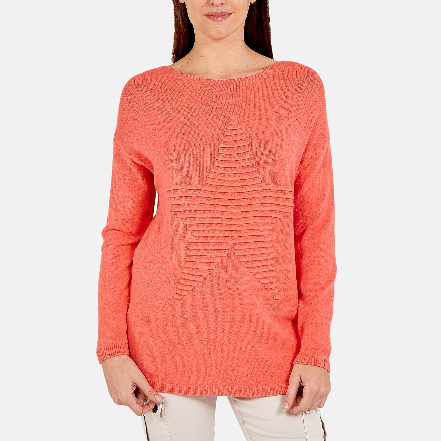 Ribbed Star Knitted Jumper (One Size) - Coral