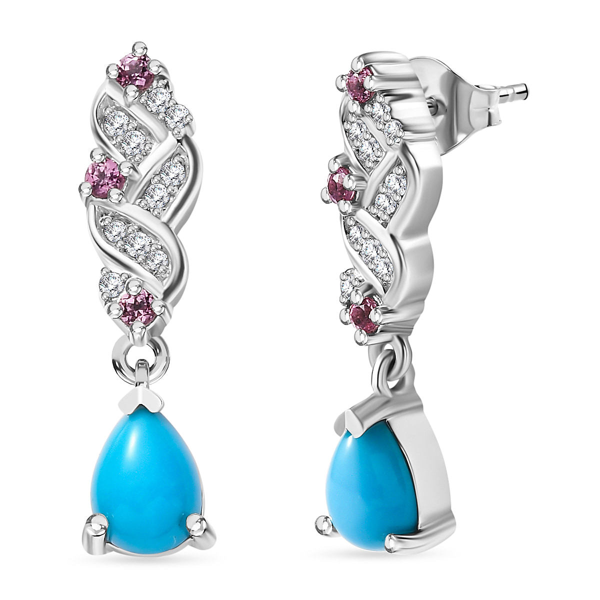 Arizona Sleeping Beauty Turquoise, Natural Zircon & Lotus Garnet  Dangle Earrings in Platinum Overlay Sterling Silver 1.67 Ct