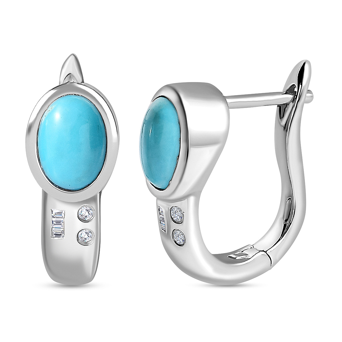 Arizona Sleeping Beauty Turquoise & White Diamond Hoop Earrings in Platinum Overlay Sterling Silver 1.60 Ct