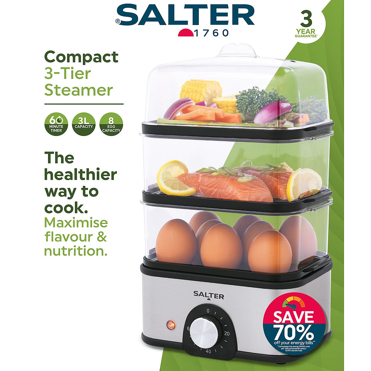 Salter Compact 3 Tier Steamer with 60 Min. Timer (Capacity 3L)