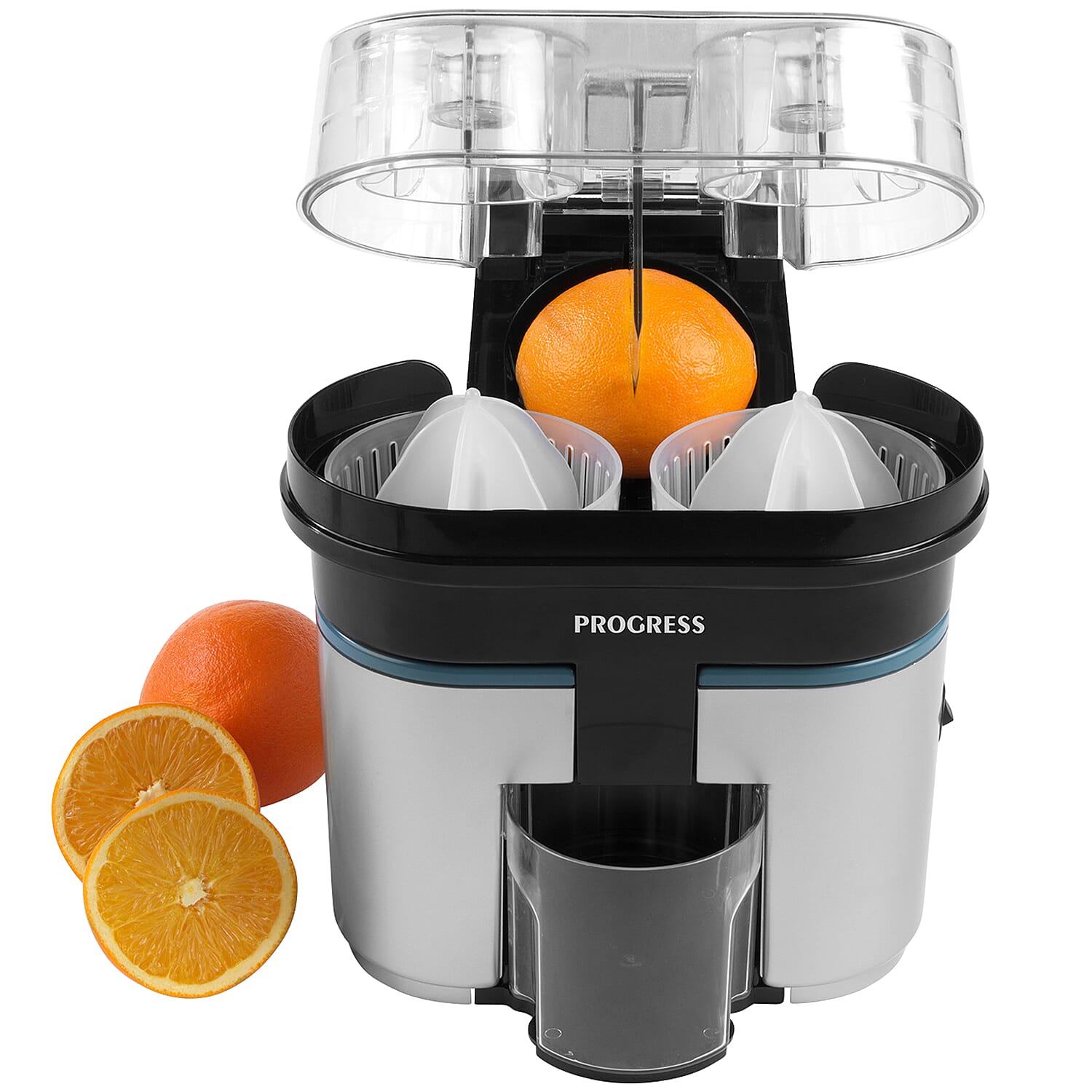 PROGRESS Slice & Juice Electric Juicer with Built in Slicer - Black - Twin Citrus Juicer with Built-in Slicer, Dual Juicing Function, 500ml Container, Removable Cone Attachments & Strainer