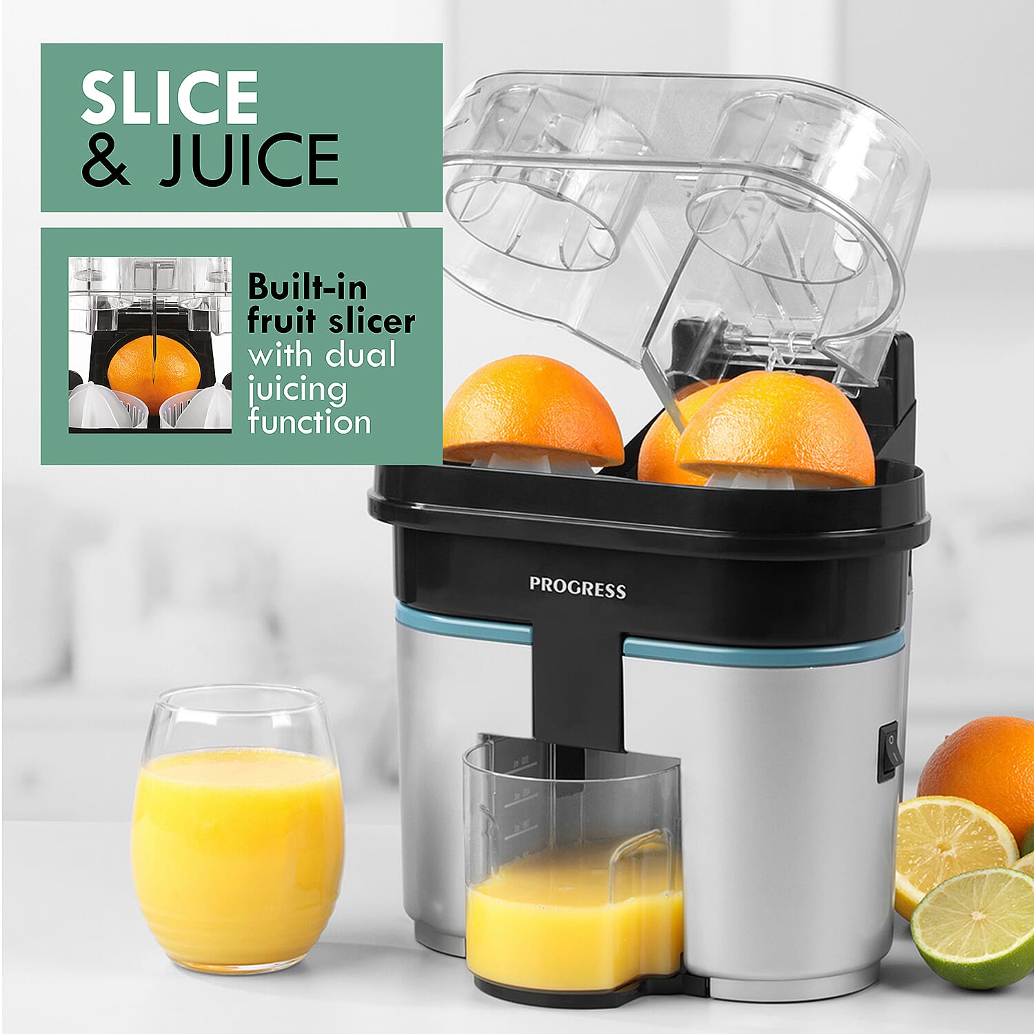 PROGRESS Slice & Juice Electric Juicer with Built in Slicer - Black - Twin Citrus Juicer with Built-in Slicer, Dual Juicing Function, 500ml Container, Removable Cone Attachments & Strainer