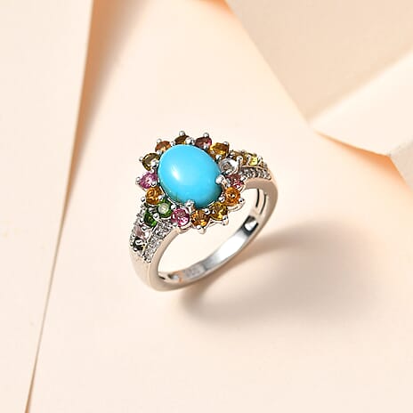 Arizona Sleeping Beauty Turquoise, Multi-Tourmaline & Natural Zircon Ring in Platinum Overlay Sterling Silver 3.09 Ct